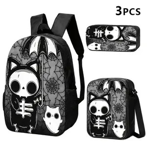 3pcs Featuring a Dark-Themed 2D Printed Backpack, Shoulder Bag, And Storage Pouch with Skull Cats And Bats As Elements.It Uses a Black, White, And Gray Color Scheme with Spider Web Patterns, Showcasing a Cute Gothic Style