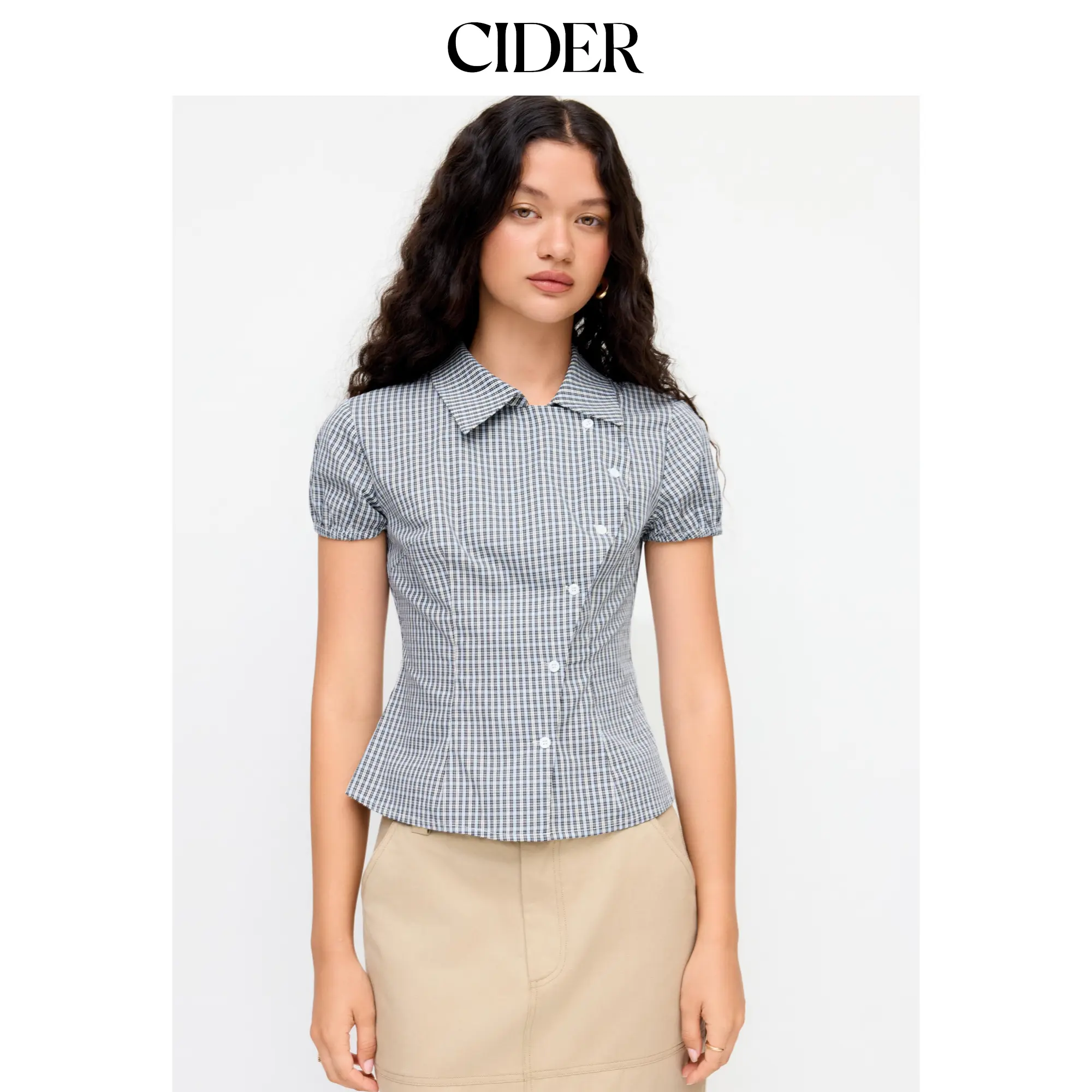 Cider Plaid Collar Asymmetrical Button Puff Short Shirt SummerWins SummerFinds