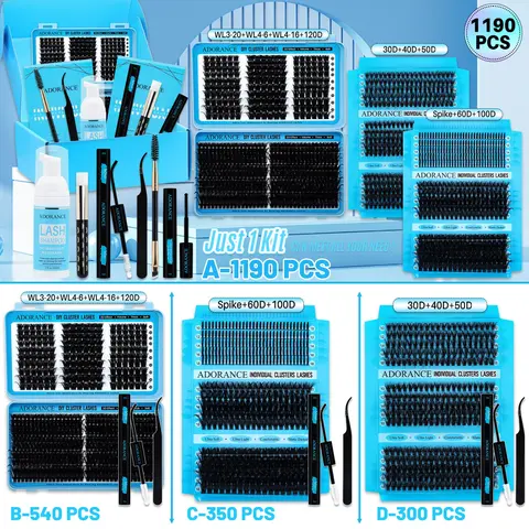 1190/540/350pcs Lash Clusters, Lashes Extension Set, Cosmetic Eyelash Extension, D Curl 10 Styles 10-18 mm Spikes/Natural/Volume with Bond & Seal, Lash Remover, Lash Brush, Lash Applicator, Tweezers, for Beginners and Pros, DIY at Home
