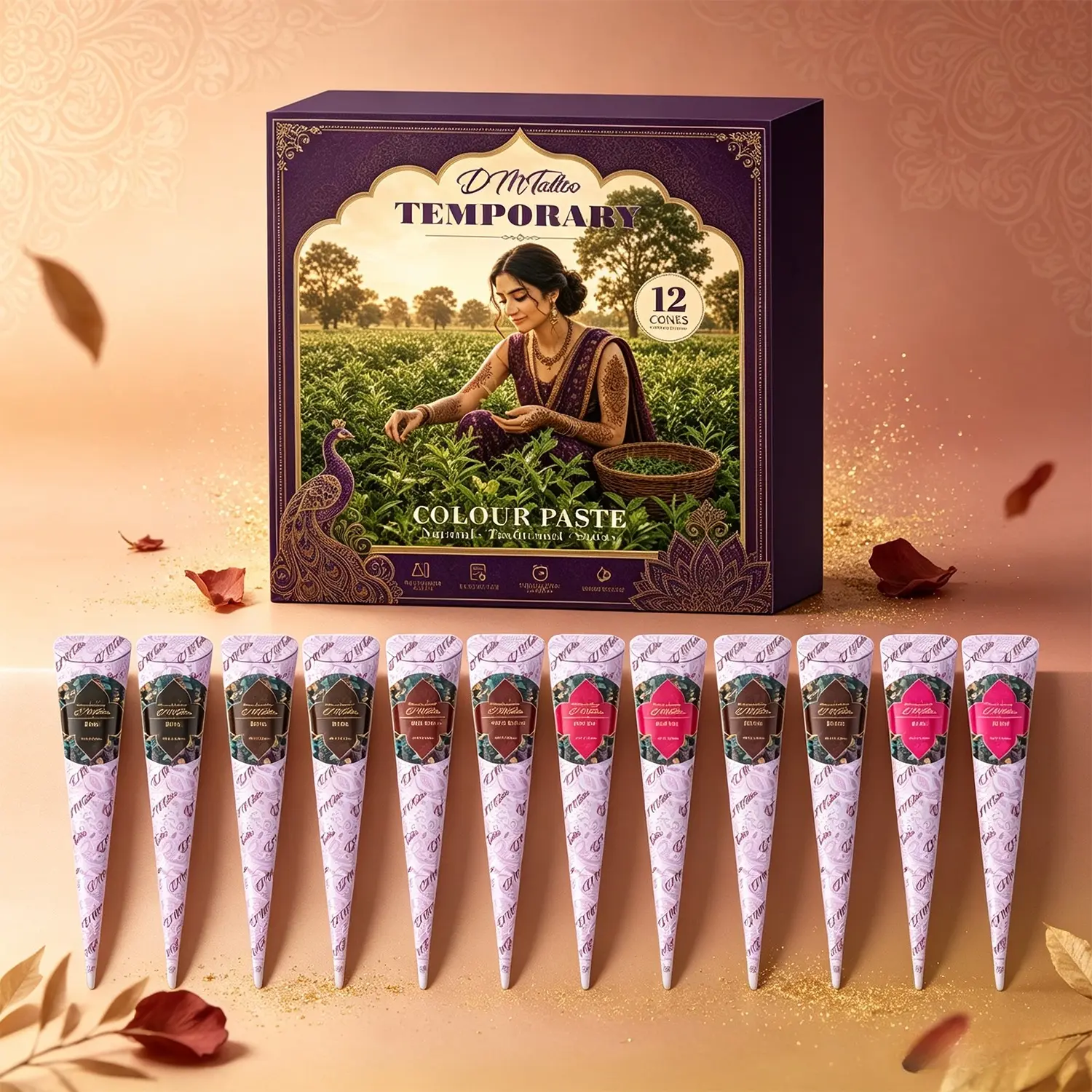 Elegant gift box DM 12 natural herbal henna cones, plant-based gentle formula for sensitive skin. Custom vintage trendy waterproof mehndi, compact portable paint set for short trips, carnivals and outdoor music festivals, Temporary Tattoos