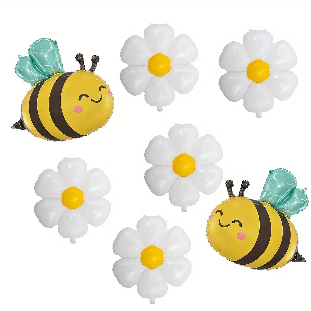 7-Piece Bee Balloons and Daisy Gold Foil Balloon Set, Cute Smile Bee & Fresh Daisy Design, Perfect for Spring Birthday Party Decorations, Wedding, Mother's Day Party Decor