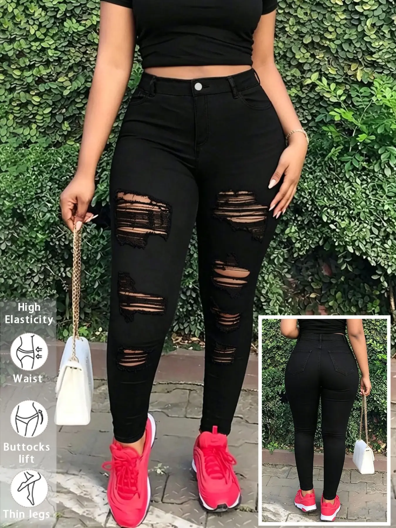 Plus Size Women's High-Waisted Stretch Ripped Frayed Edge Design Jeans, Sexy Slim-Fit Ankle-Length Pants, Casual Streetwear Long Jeans