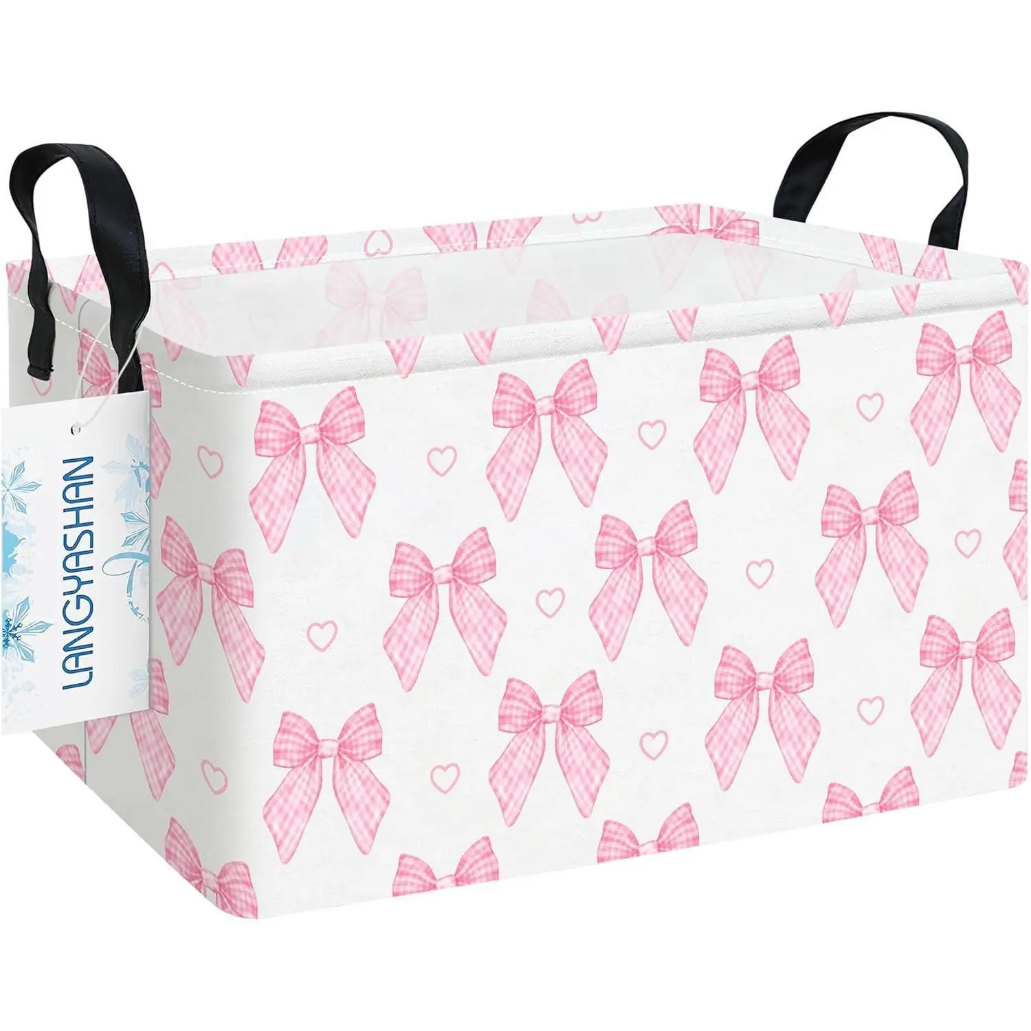 Pink Rectangular Bowknot Foldable Canvas Organiser - Freestanding Home Supplies Storage Container, Bathroom Basket for Girls' Room, Home Closet Shelf