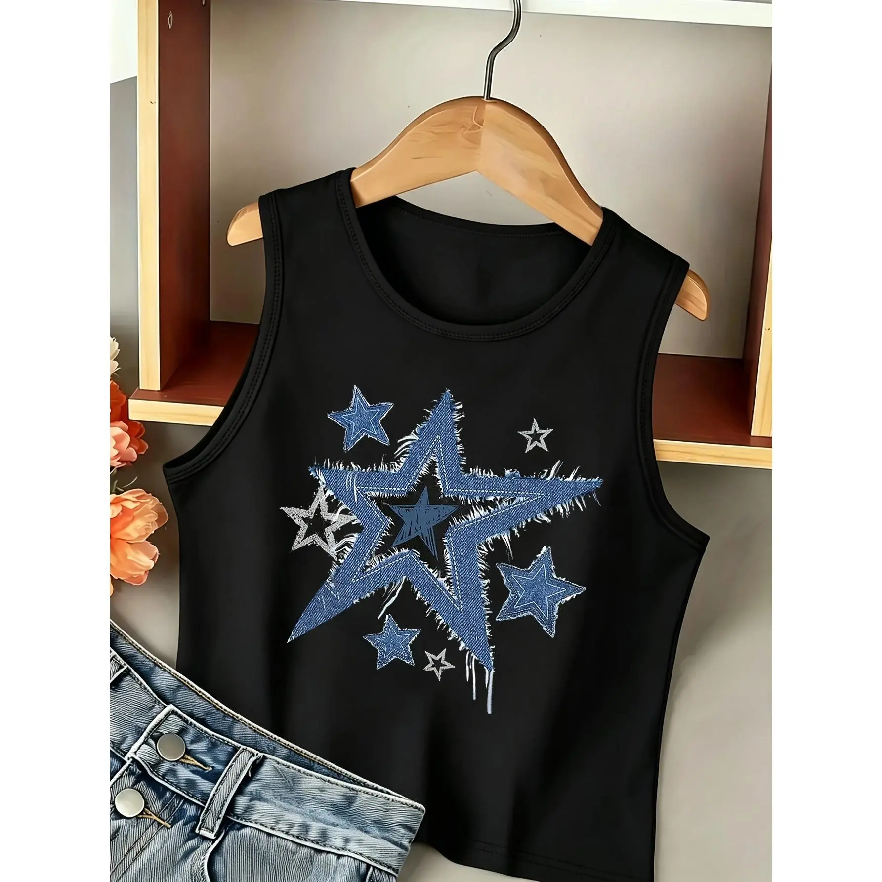 Imitation Denim Star-patterned Vest, Sleeveless Casual Round-neck Top, Beautiful Spring/summer Girls' Vest, Lightweight and Soft Fabric, Birthday Gift, Daughter's Gift
