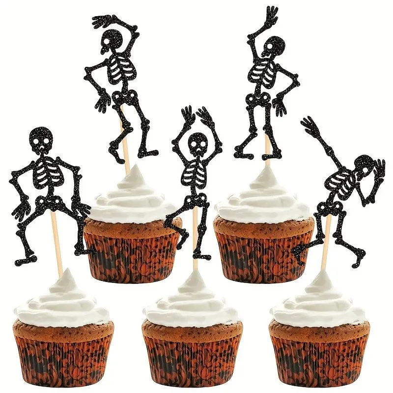 25-Piece Halloween Skull Cupcake Decorations, Fun Dance Skull Cupcakes for Party Gifts, Birthday Party Decor, Cake Decoration Supplies