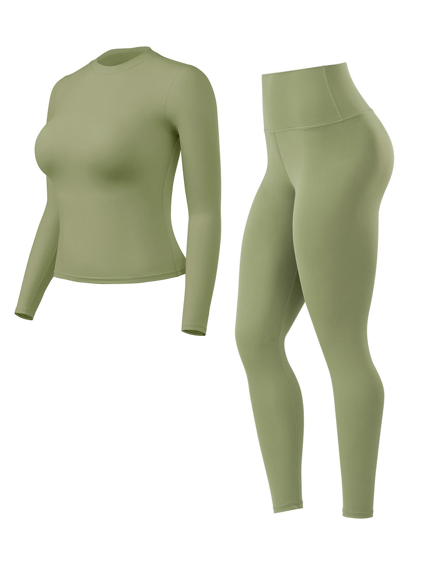 Women's High-Waisted 25'' Inseam Sporty Leggings Set, Long Sleeve Top & Yoga Pants, Elastic Fabric Comfortable Workout Set, Yoga Gym Outfits, Ideal for Gym & Daily Wear, High Stretch Sporty