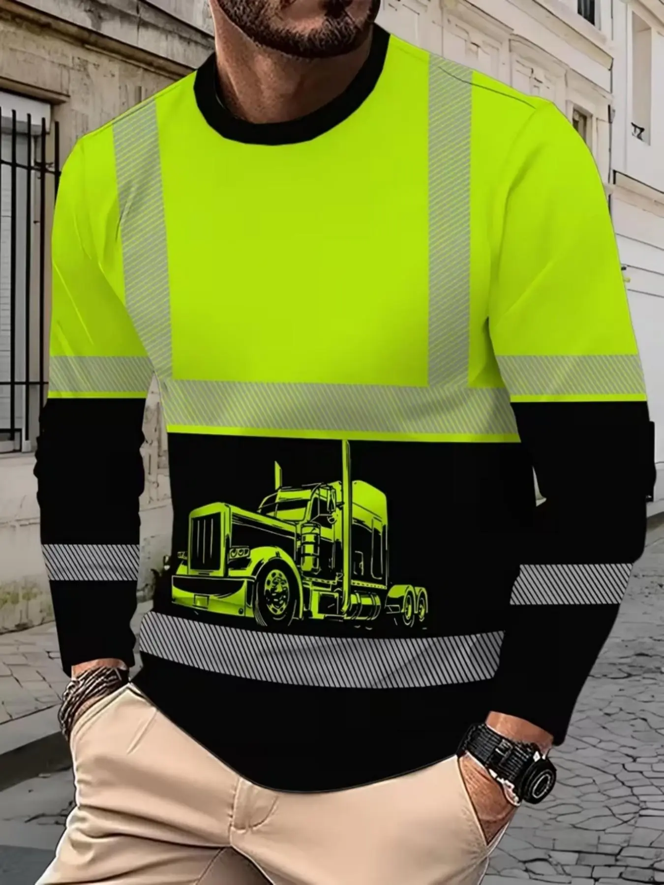 High Visibility Reflective Truck Pattern Work T-Shirt, Loose Fit, Truck Graphic, Safe and Fashionable, Safety, Ideal for Drivers and Outdoor Workers, Daily Wear, Fall