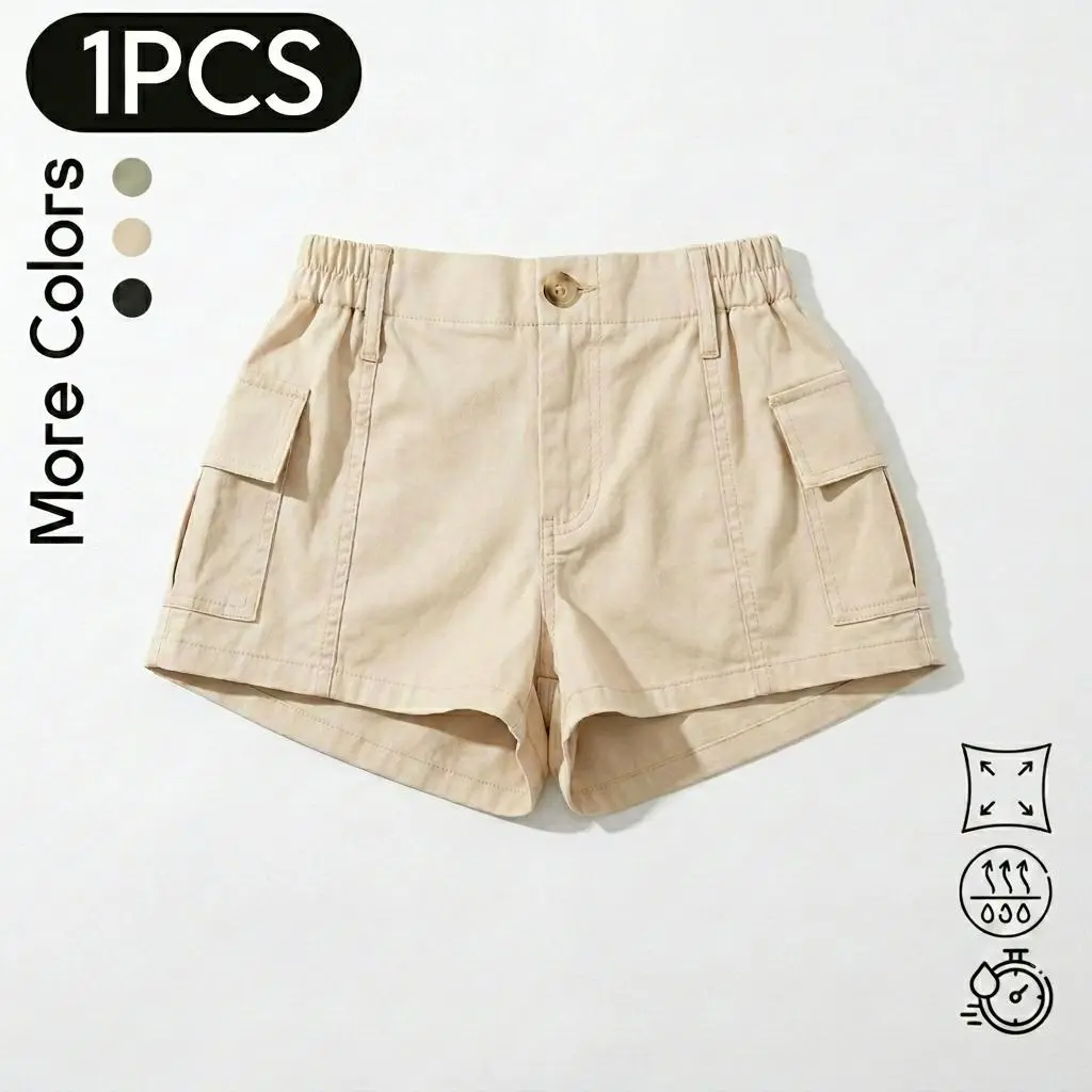 Women's Elastic High-Waisted Casual Fitted Cargo Shorts - 1pcs Plain Slimming Classic Hot Pants with Button, Multiple Pockets, Polyester, Minimalist Basic Bottoms, Machine Washable, Casual Fitted Shorts, Elastic Waist
