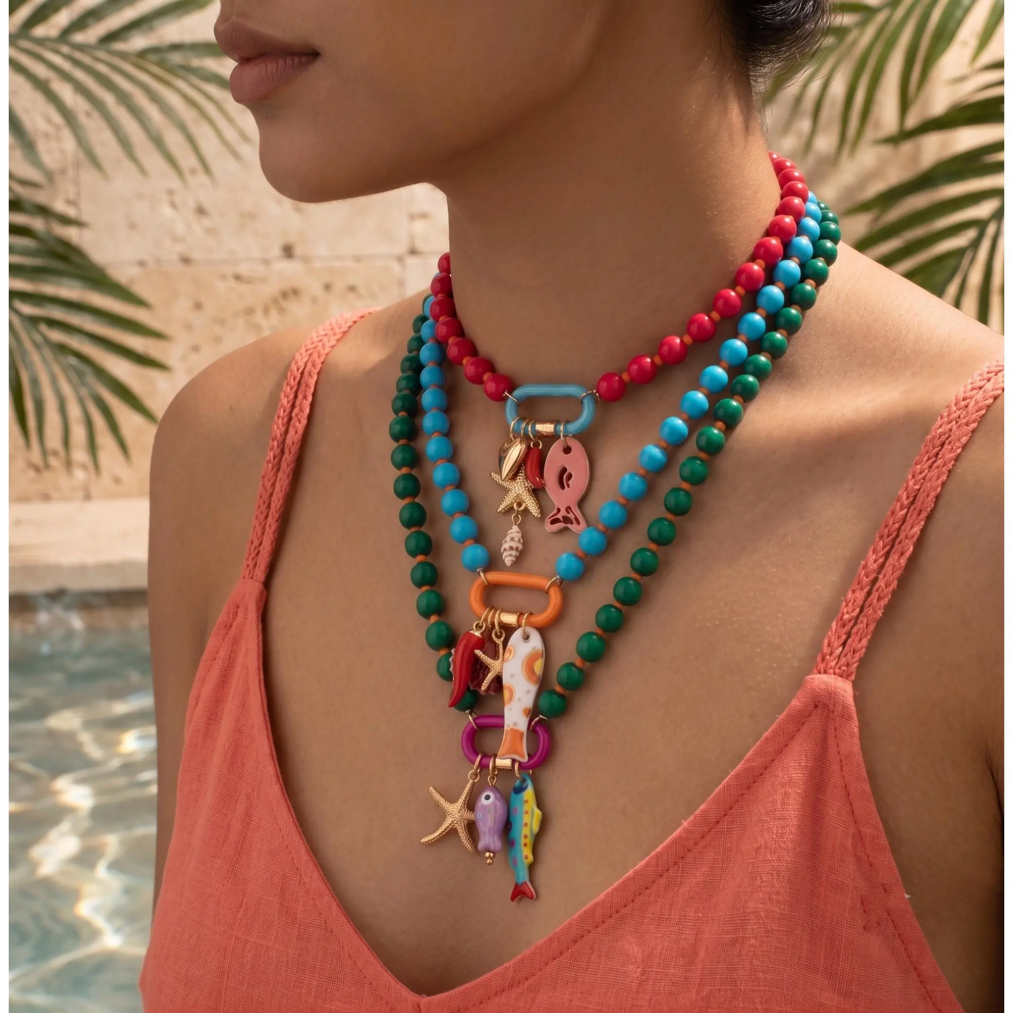 Women Unisex 3-Layered Beads & Metal Boho Necklace Set - 3 Necklaces with Layered Look, Beach Elements, Seashell Starfish Charms, Trendy Summer Festive/Party Gift for Home Supplies Gifting