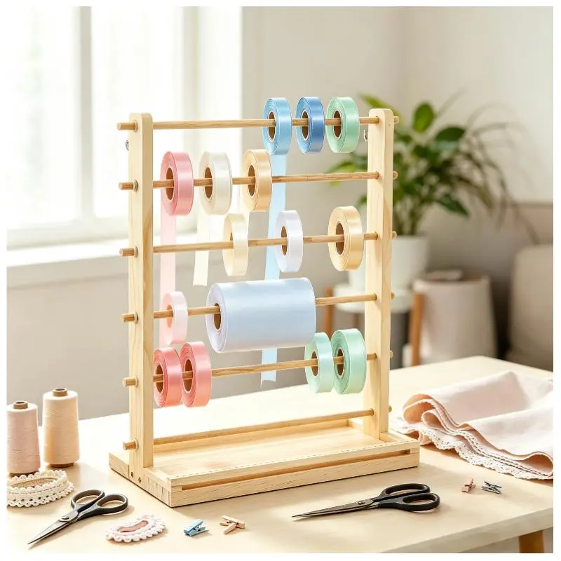 6-Tier Wooden Ribbon Organizer Rack, Ribbon Spool Storage Holder Stand, Multi-use Craft Supply Display Shelf for Gift Wrapping, Sewing, Floral Wreath, Yarn, Chiffon Ribbons & Crochet Hooks