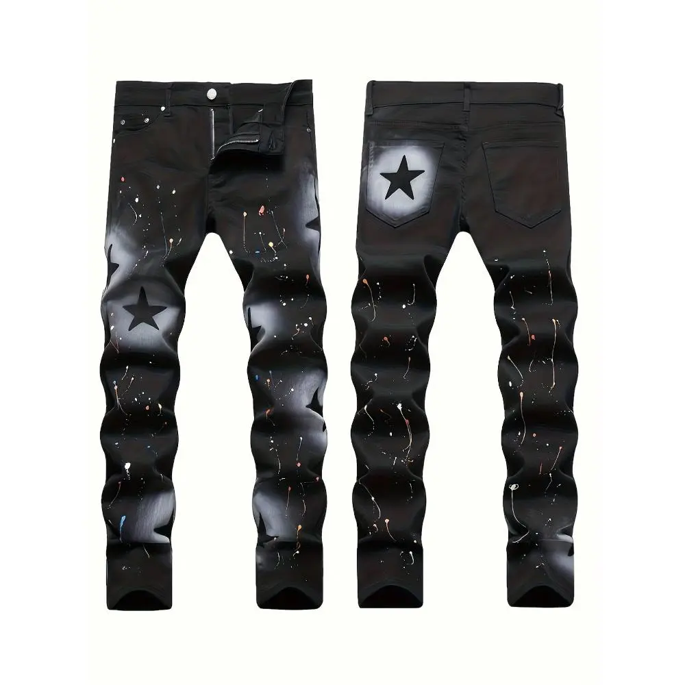 Men's Slim-Fit Star Design Black Ink-Splashed Patch Details Jeans - Menswear Streetwear Pants for Daily Casual Wear, Patch Details Men's Jeans, Star Design Men's Jeans