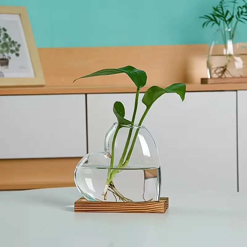 Plant Glass Pot with Wooden Base, Heart-Shaped Transparent Hydroponic Grow Station, Ideal for Garden, Living Room, Bedroom, Kitchen Decor