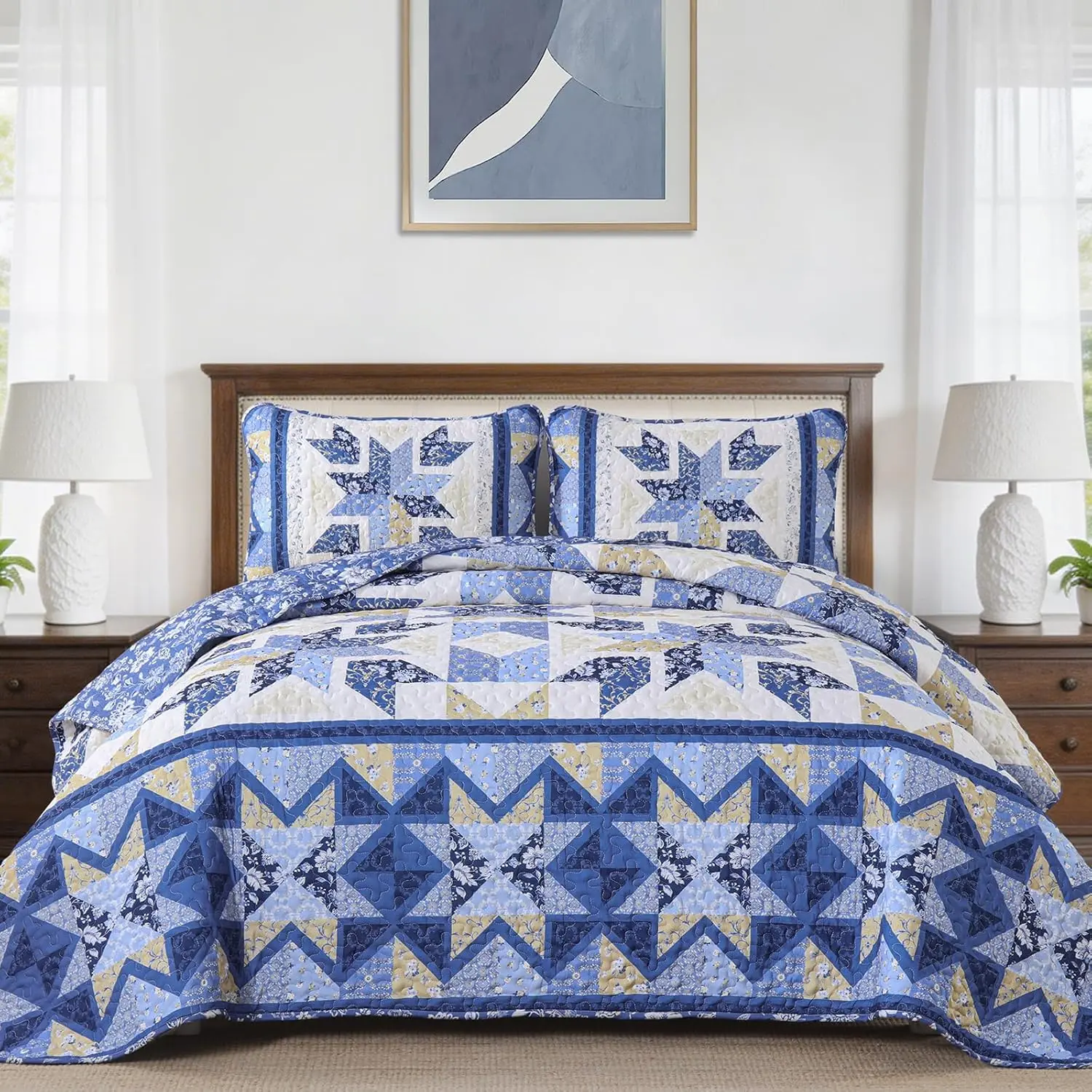 Patchwork Full Size,Reversible Blue Floral Bedding Set,Vintage Farmhouse Handmark,Lightweight Bedspreads Coverlet Set 3 Pieces for All Season 78" x90"