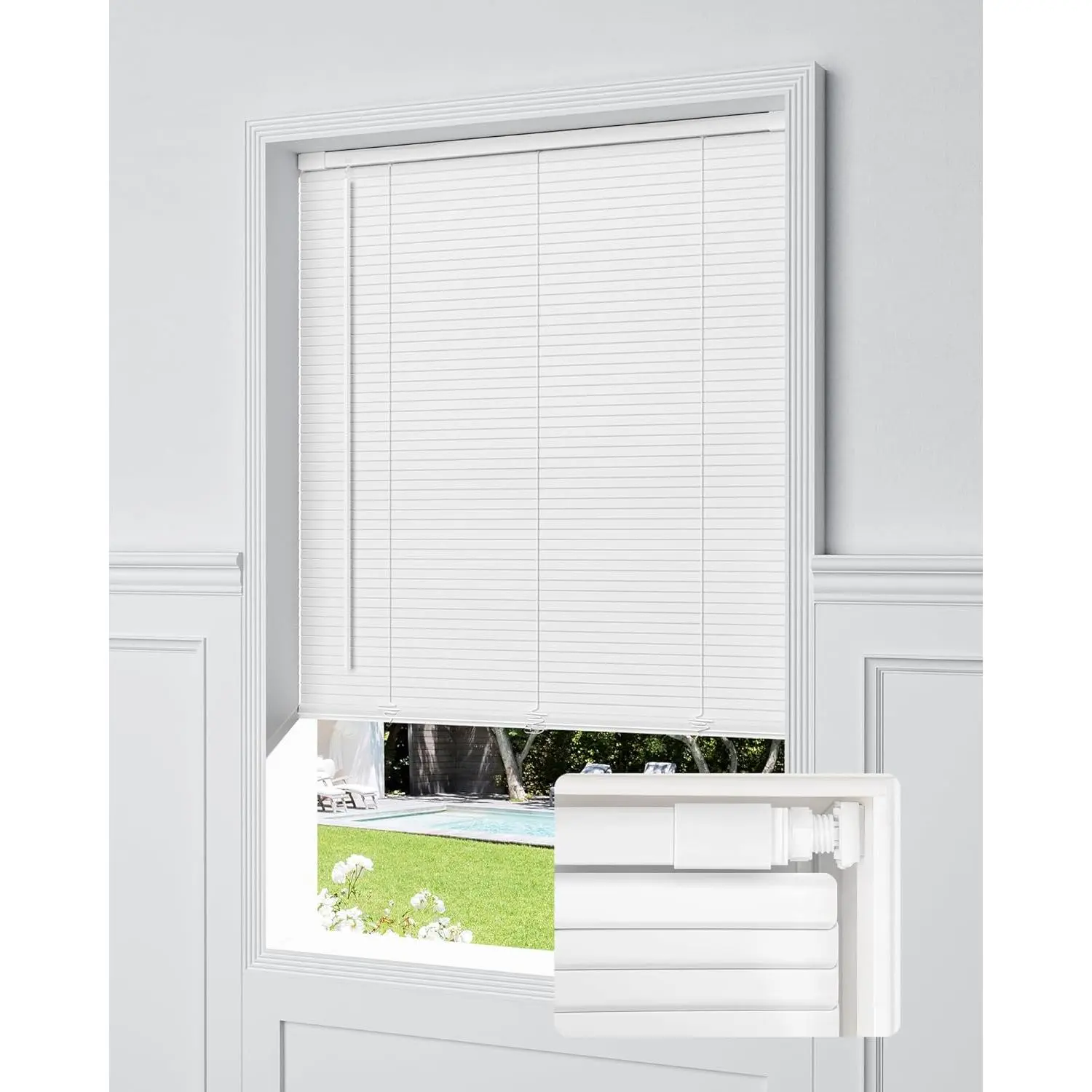 No Drill Cordless Mini Blinds for Windows 1" Vinyl L-Shaped Slats for Home, Fits 34" W × 64" H Window White
