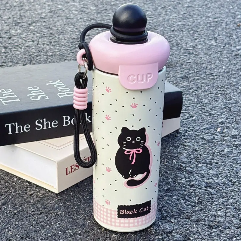 20oz Stainless Steel Vacuum Insulated Water Bottle, Cute Cartoon Print Leak-Proof Cup with Straw and Lid, Portable Drinkware for Students and Office Workers