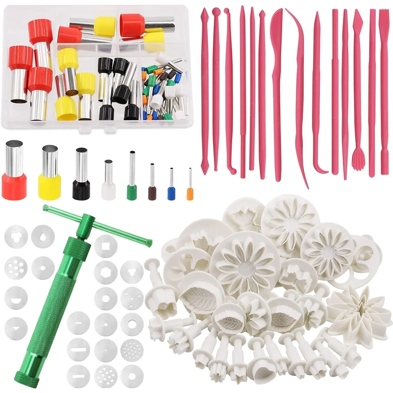 122Pcs Green Clay Extruder Gun and Fondant Cake Mold with Cookie Plunger Cutter Tool Polymer Clay Cutters Kit, Perfect for Clay Cake DIY Craft Cake Decorating Supplies Modeling Tool