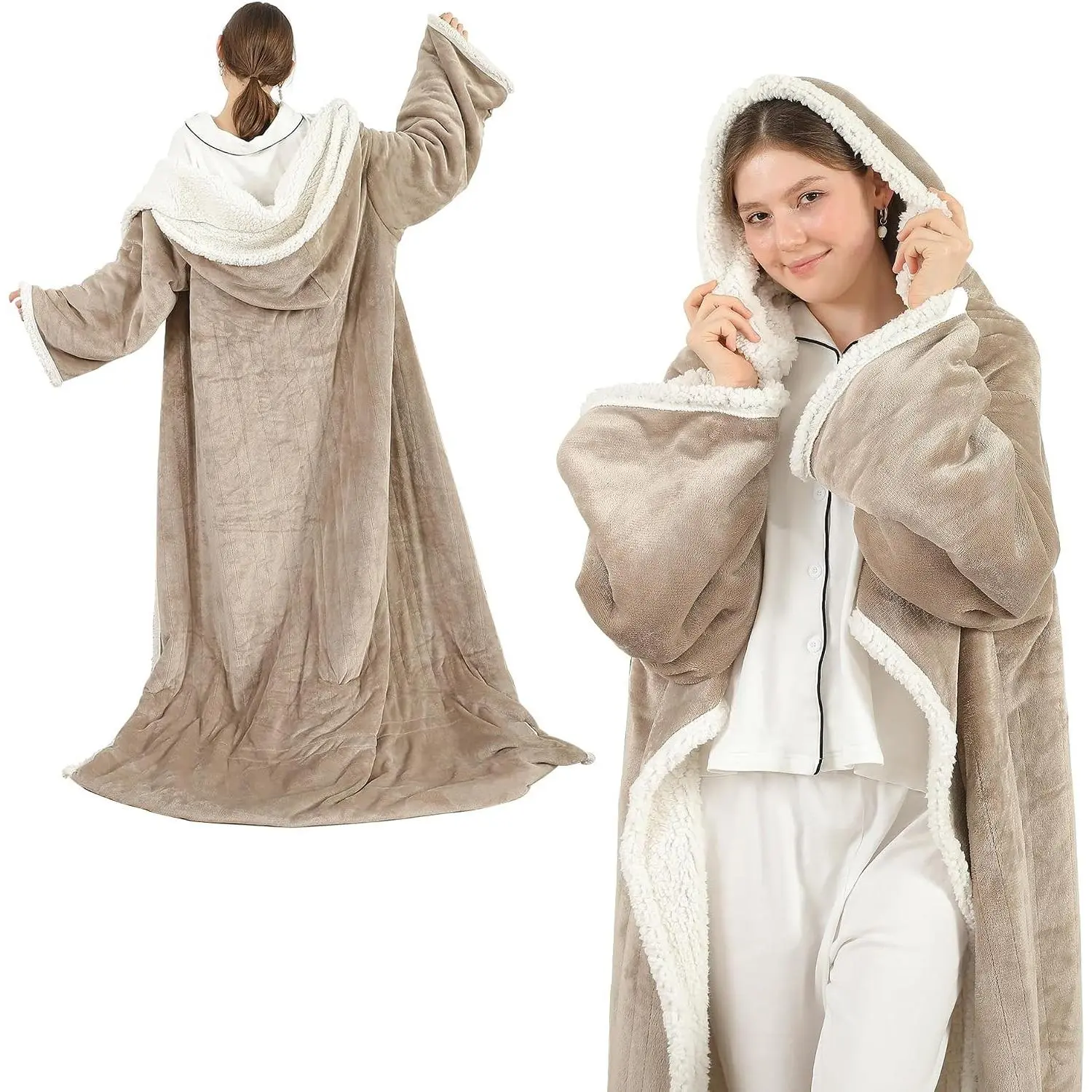 Electric Snuggle Throw Blankets with Foot Pocket, Wearable Heated Throw with Sleeves & Hood, 6 Heat Levels & 1-4H Timer, Full Body Warmth, Perfect Warming Gift for Women & Men, Camel