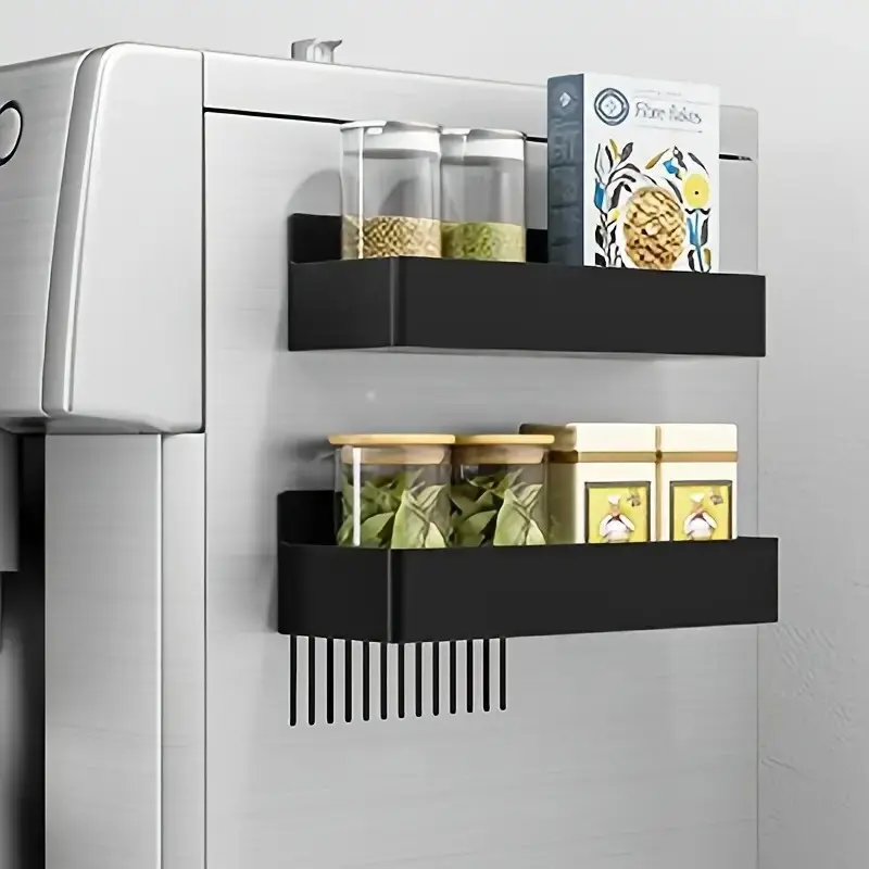 Black Magnetic Plastic Kitchen Organizer Shelf Set, Multi-Purpose Refrigerator Side Storage Rack, Space Saving Magnetic Spice Holder for Fridge Cabinet Kitchen Counter