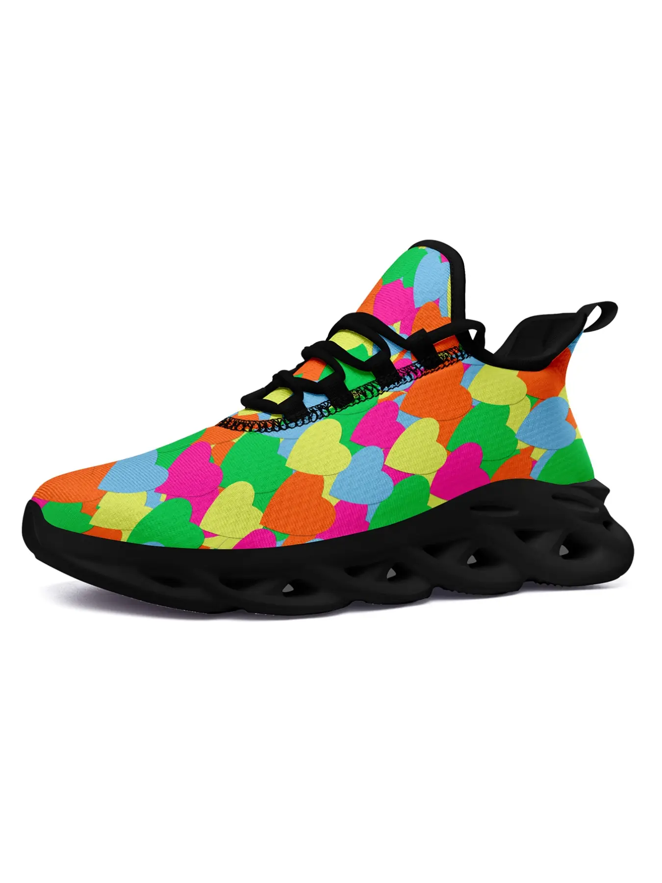 Men's Summer Paradise Sneakers, Vibrant Multicolor Heart All Over Print Breathable Lace Up Fashion Casual Walking Running Shoes
