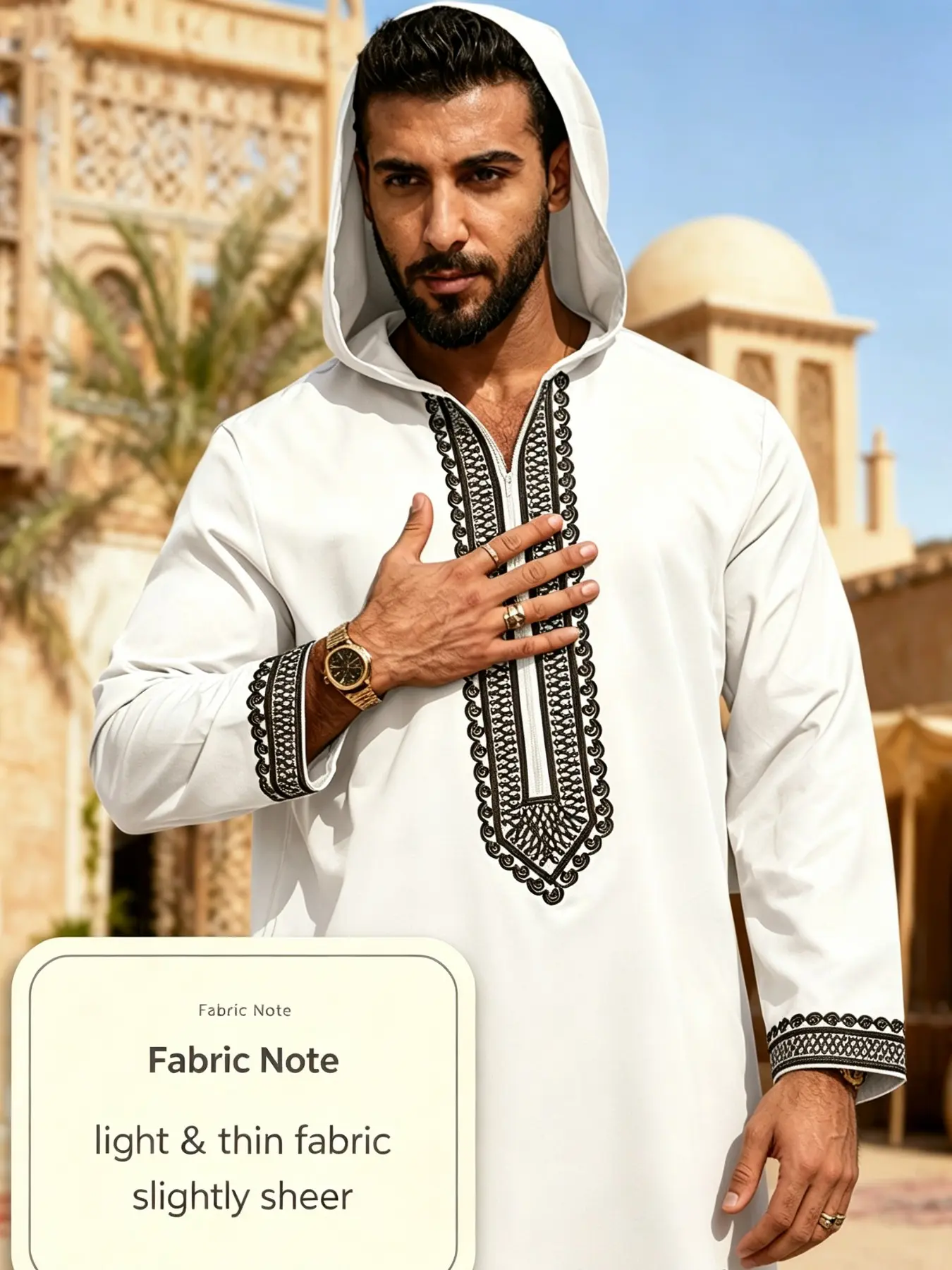 Vintage Ethnic Style Men's Hooded Robe, Full Embroidery Design, Smooth Flowing Long Sleeve Shirt, Muslim Men's Commute Home Wear, Arab Thobe