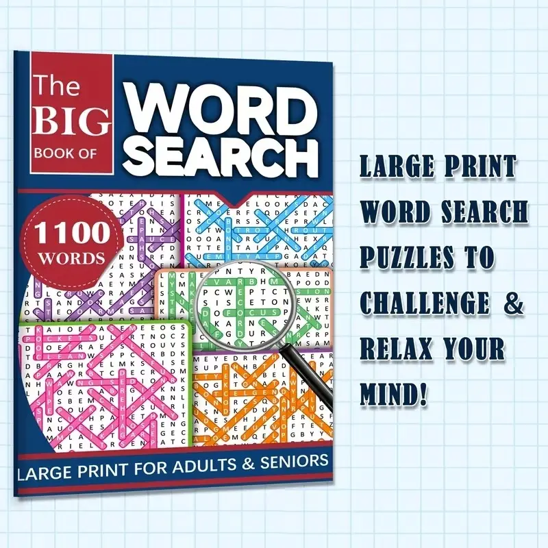 100 Words Large Print Word Search Puzzles Book for Adults & Seniors, 55 Themed Brain Teasers, Vocabulary Builder, Cognitive Skills Boost