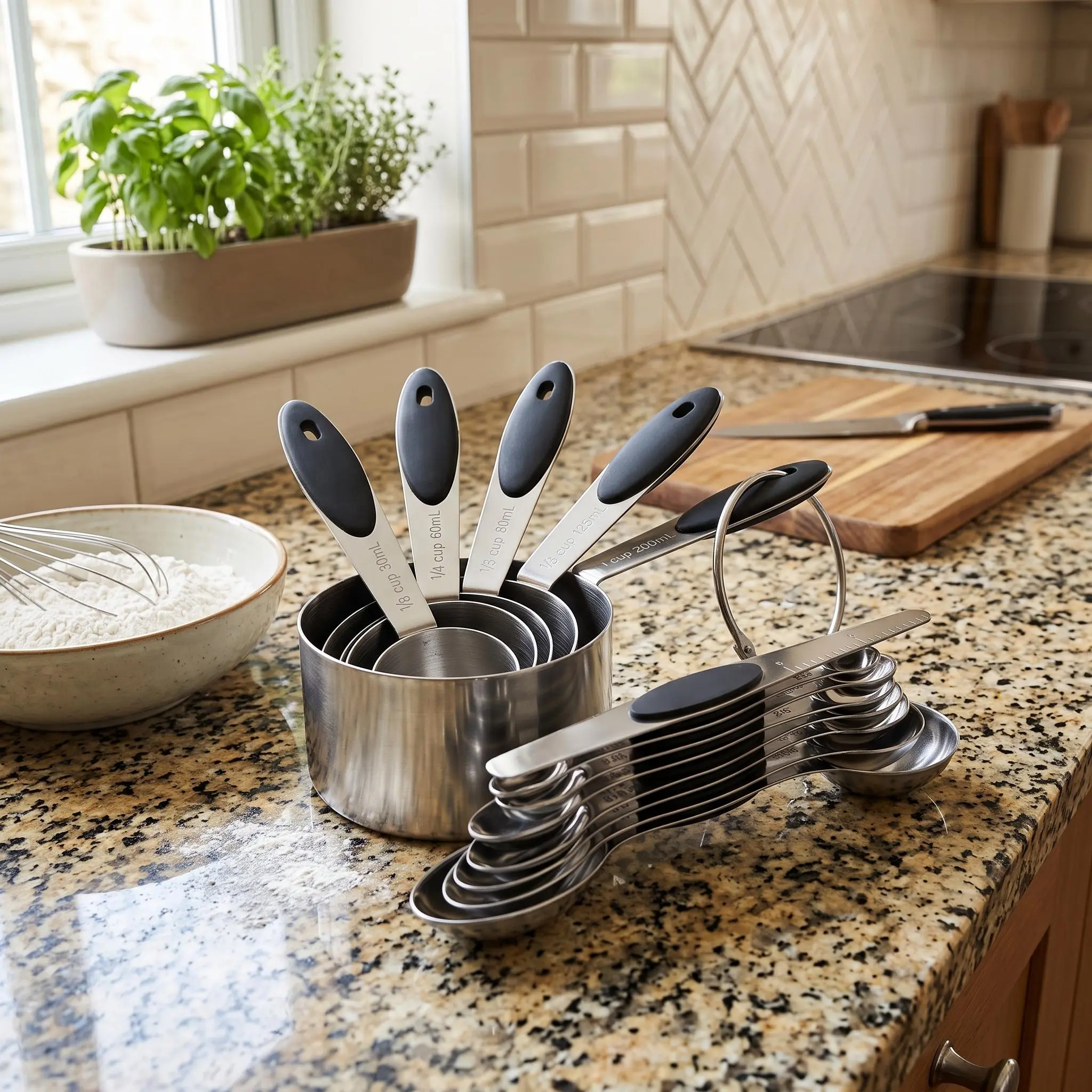 304 Stainless Steel Measuring Cups and Spoons Set – 13-Piece Kitchen Tool Kit – Black Non-Slip Handles – Nesting Design, Engraved Metric & Imperial Markings, Dishwasher Safe for Cooking, Baking, Seasoning