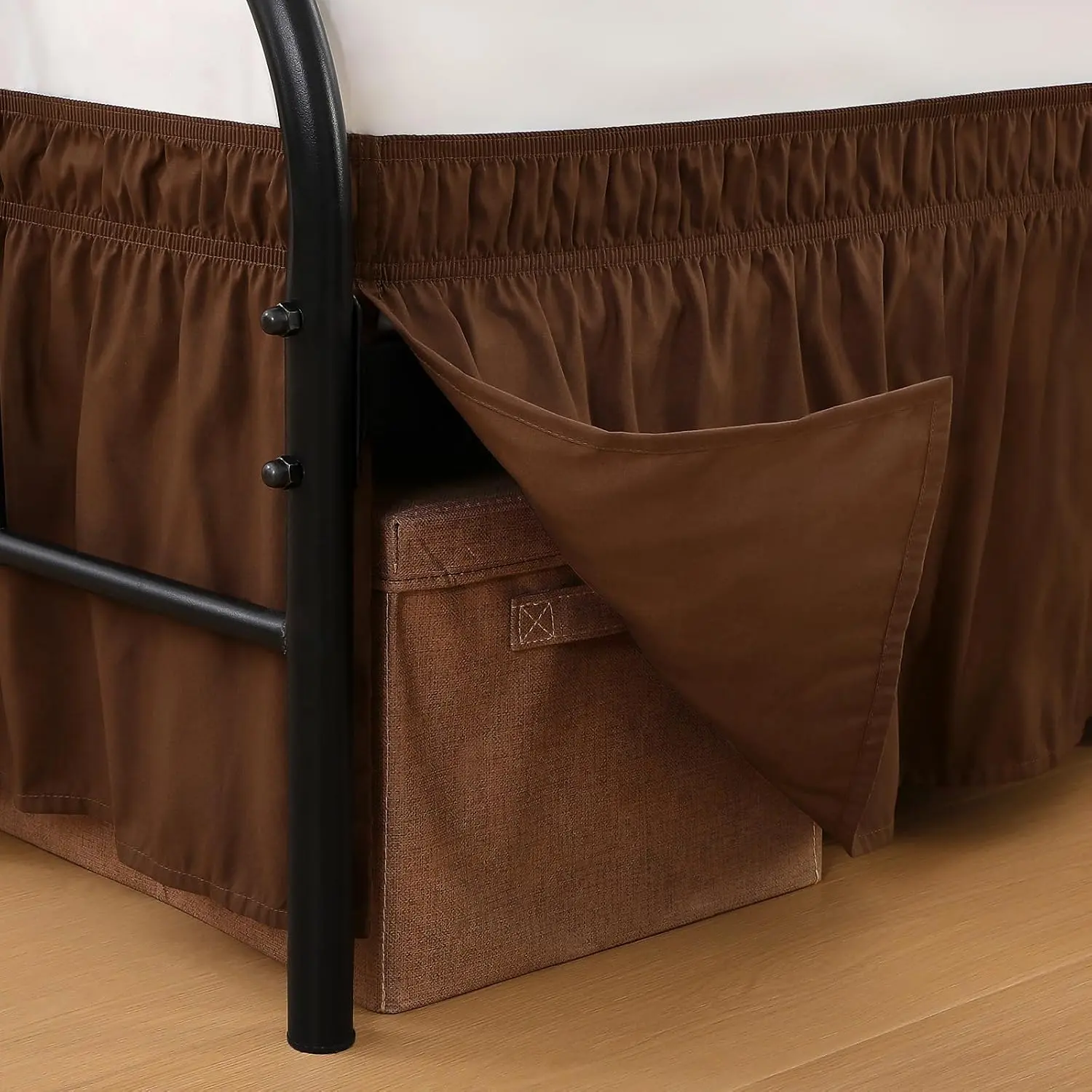 Queen Bed Skirt 18 inch Drop, Elastic Wrap Split Corner, Chocolate Brown| Hides Underbed, No-Lift Install, Soft Microfiber,, Machine Washable, Polished Bedroom Look