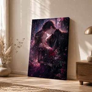 Romantic Couple with Roses Vertical Canvas Wall Art, Moody Fantasy Poster, Home Decor for Living Room Bedroom, Available as Unframed Canvas Poster or Framed Canvas Wrap