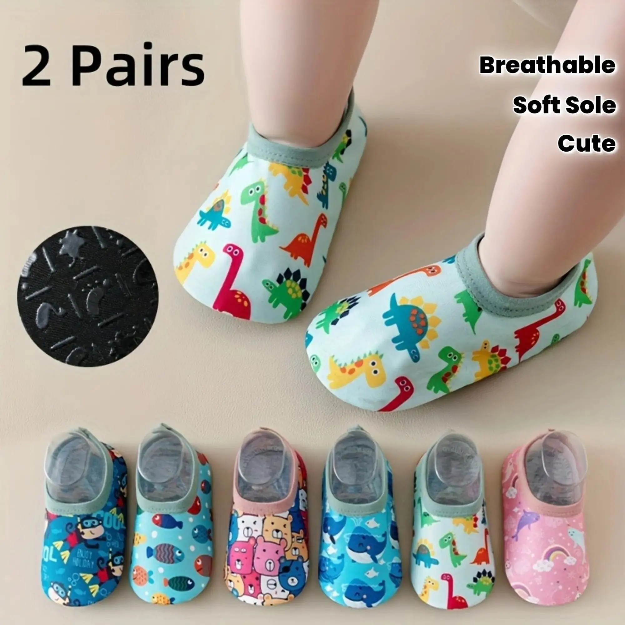Kids Animal Sock Shoes 2-Pack – Cute Bear, Dino & Unicorn Indoor Slippers, Breathable with Soft Anti-Slip Soles for Toddlers