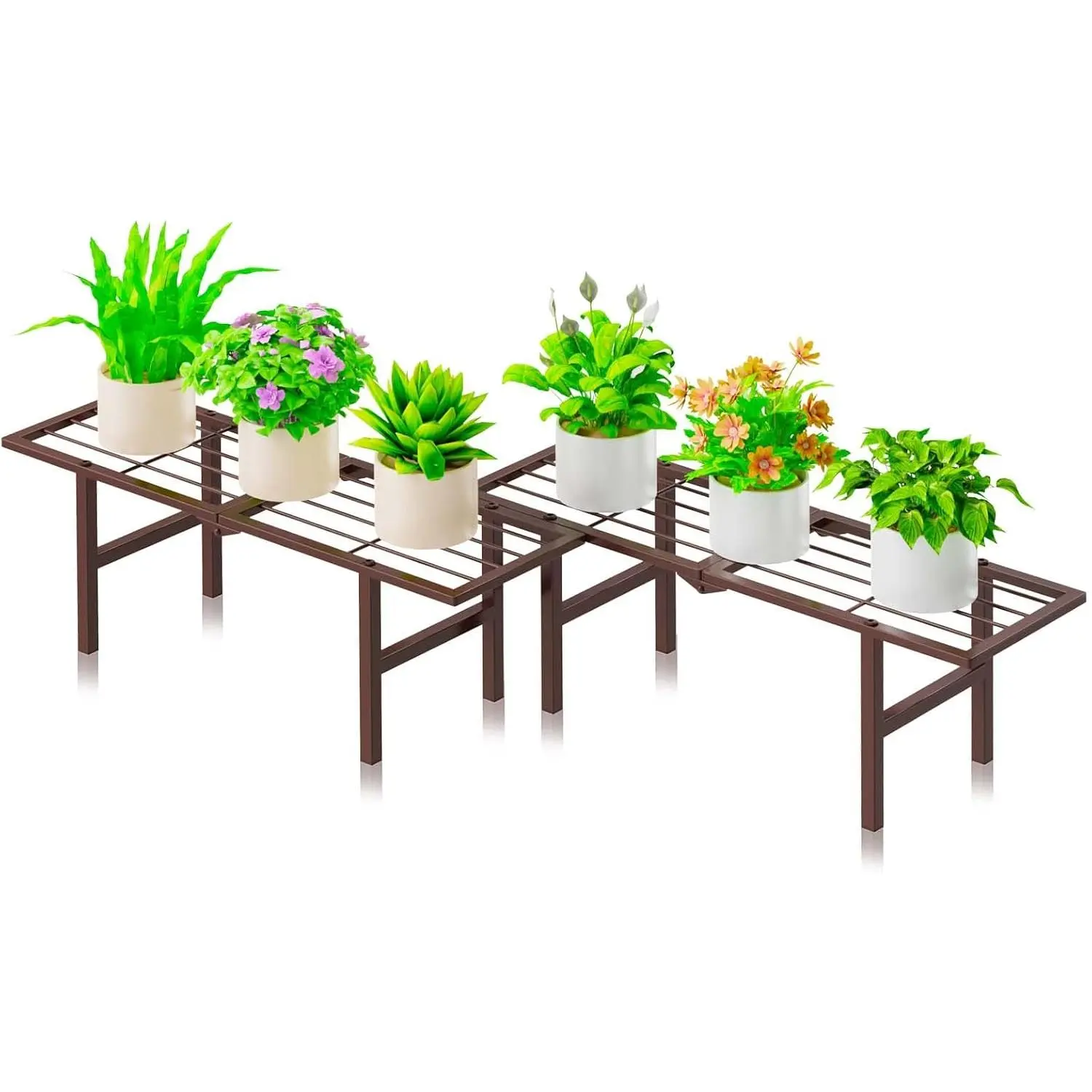 2 Pack Metal Plant Stand Outdoor Indoor, 1 Tier Folding Tiered Flower Plant Shelf, Heavy Duty Ladder Multiple Pot Display Plant Rack for Patio Garden Balcony Windowsills, Brown