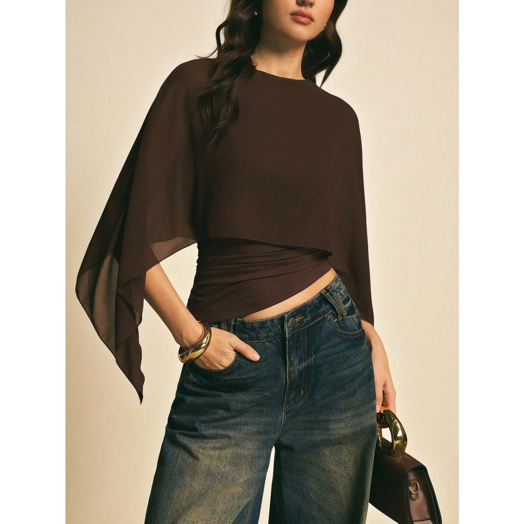 Women Solid Dark Brown 2-in-1 Chiffon Cape Overlay Crop Top Elegant Round Neck Flowy Handkerchief Cape Sleeve Side Ruched Slim Fit Layered Blouse Vintage Casual Office Date Night Going Out Short Shirt, 2‑In‑1 Cape Layer, Chiffon Cape Drape