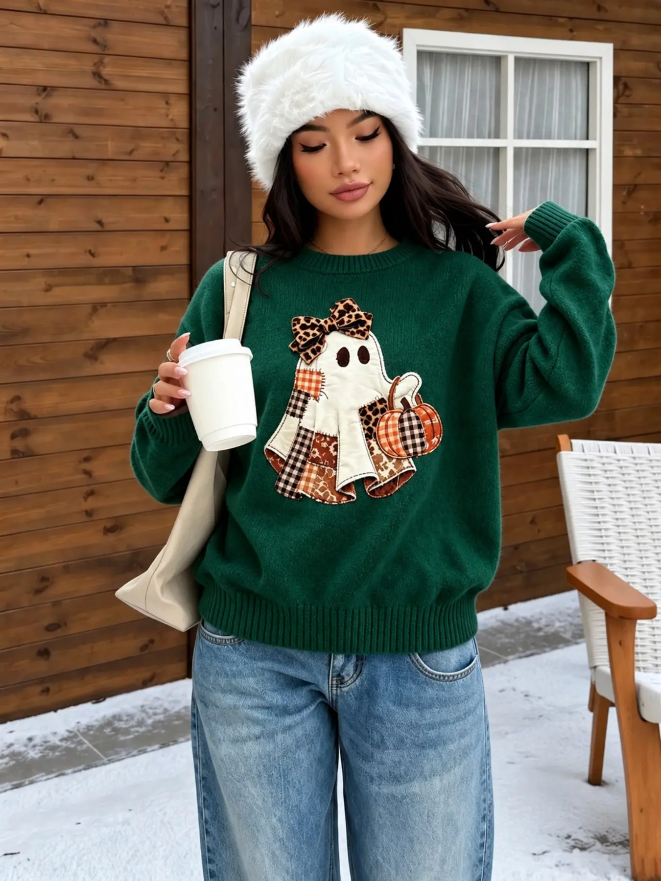 Women's Halloween Ghost Sweater, Cute Ghost and Pumpkin Patchwork, Leopard Bow Detail, Oversized Loose Fit, Cozy Fall Winter Jumper