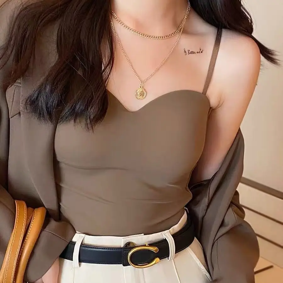 Women's Summer Ice Silk Spaghetti Strap Camisole - Lady's Tank Top Built in Bra, Integrated Fixed Pads, Open Back, Thin Breathable Layering Vest for Inner & Outer Wear (Sports & Outdoor Sun Protective Clothing)