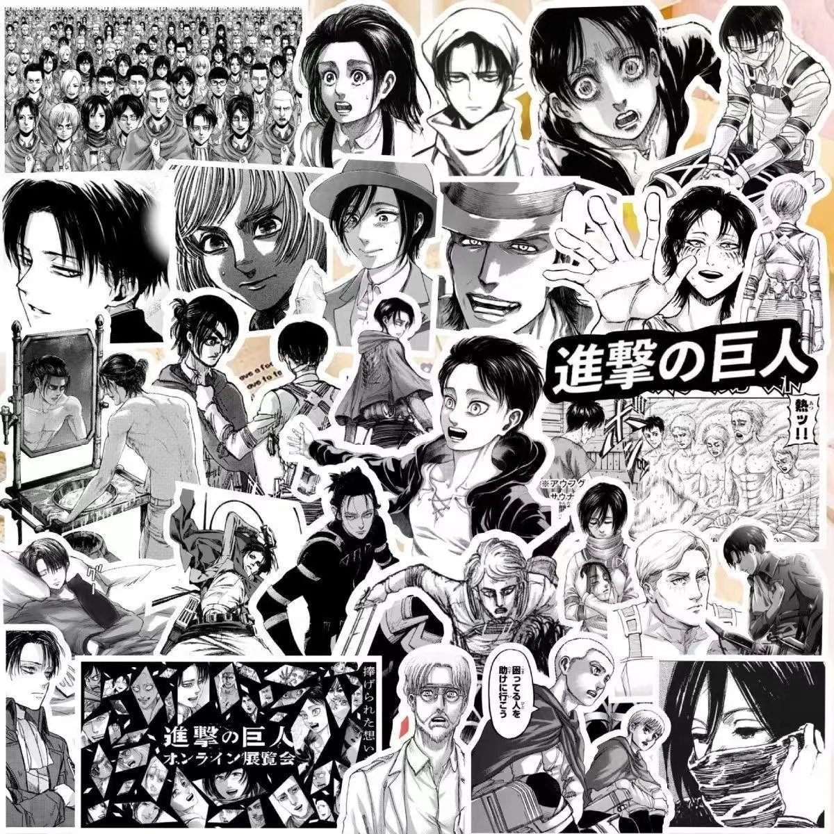 60pcs Character-Based Attack on Titan Stickers, 3-6cm Black & White Mikasa-Eren-Levi Designs, Decorative Stickers for Kids Toys, Notebooks & Pinup Pictures, Ideal for Attack on Titan Fans