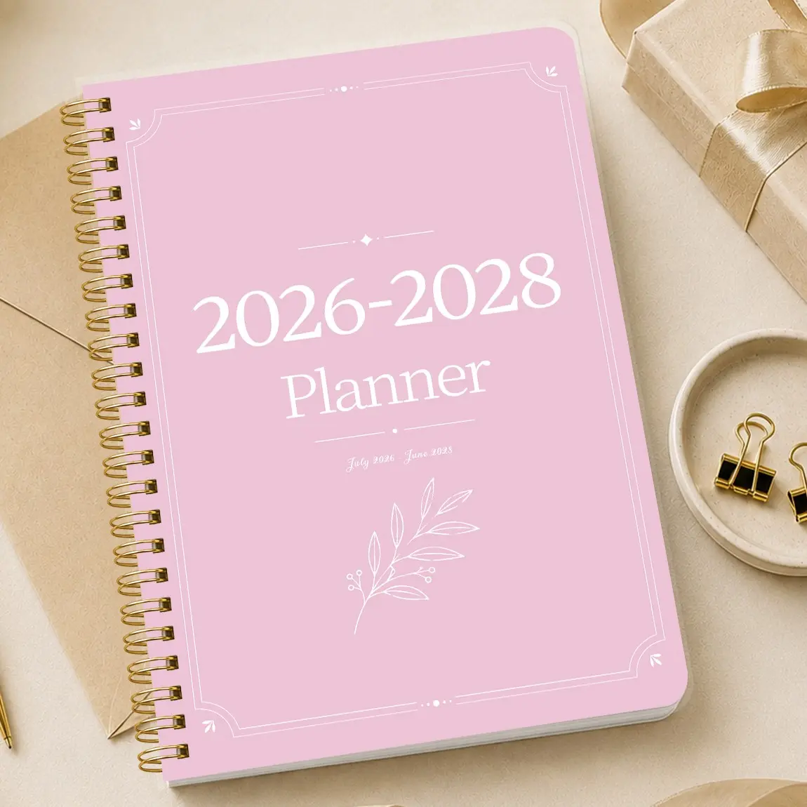 2026-2028 Minimalist Leaf Cover Monthly Productivity Home Planner Notebook, A5 Coil Calendar, Waterproof PP Cover, 100gsm Paper Memo Pad
