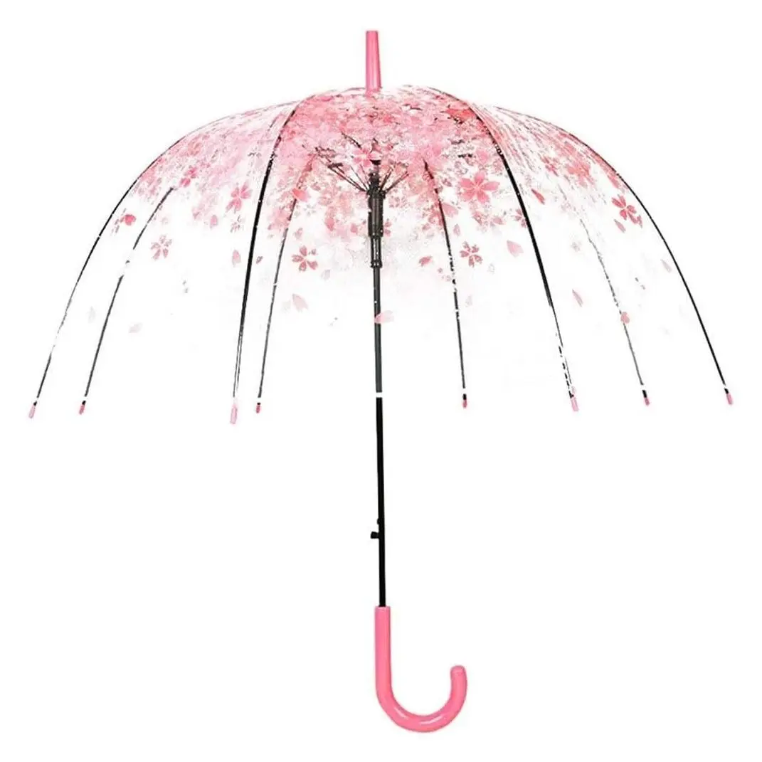 Cherry Blossom Clear Dome Umbrella, Cute Transparent Bubble Umbrella Semi-Automatic Windproof Sun Rain Umbrella for Women Kids Girls Boys, Romantic Wedding DecorationGift