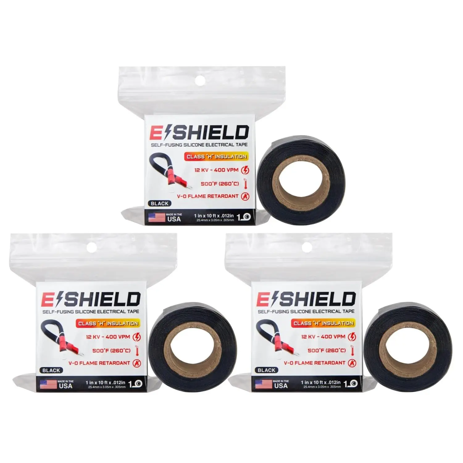 E-Shield Self-Fusing  Electrical Tape, Adhesive-Free, Arc & Track Resistant Electrical Insulation Wrap, , Heat Resistant Up to 500F, Non-Sticky, 1" x10'x12mil, 3-Pack, Black