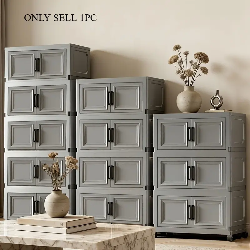 Stackable and foldable storage cabinets with removable rollers on 6/5/4/3 layers, double-door foldable storage and organization cabinets, large-capacity modular wardrobe and kitchen organization cabinets, suitable for bedrooms, kitchens, and living rooms