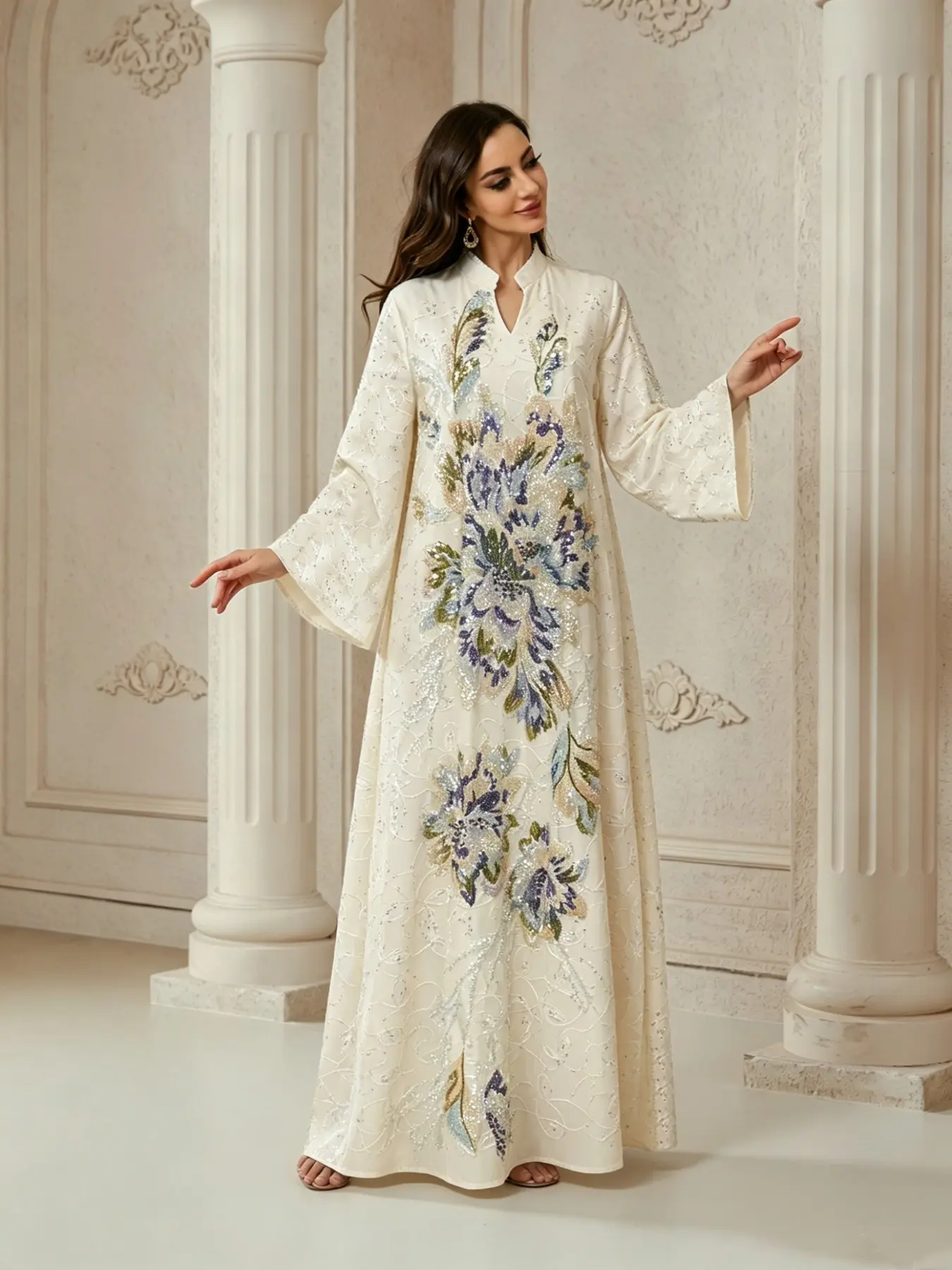 Middle Eastern Women's Traditional Style Sequin Embroidered Floral Dress, Boho Long Sleeve Evening Gown, Loose-Fit Abaya for All Seasons