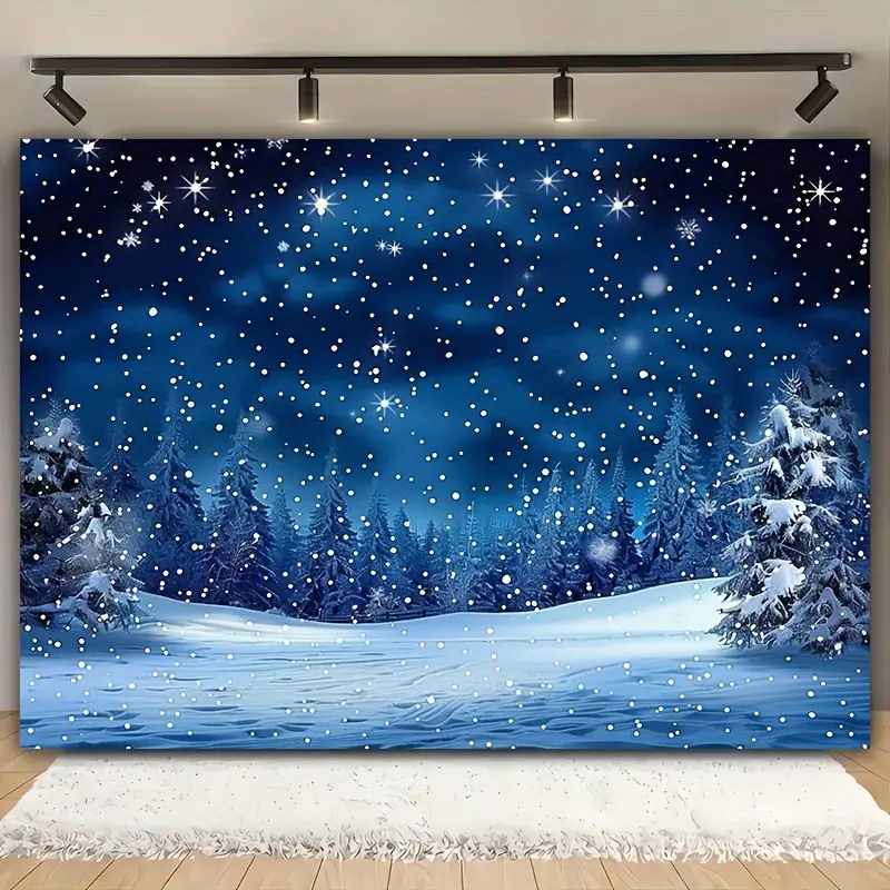 Dark Blue Winter Snowy Forest Backdrop Tapestry - Pine Trees, Snowfield, Falling Snow Design, Festive Holidays Decor Wall Hanging for Christmas Party Photography (Home & Party Supplies), Decoration, Cloth