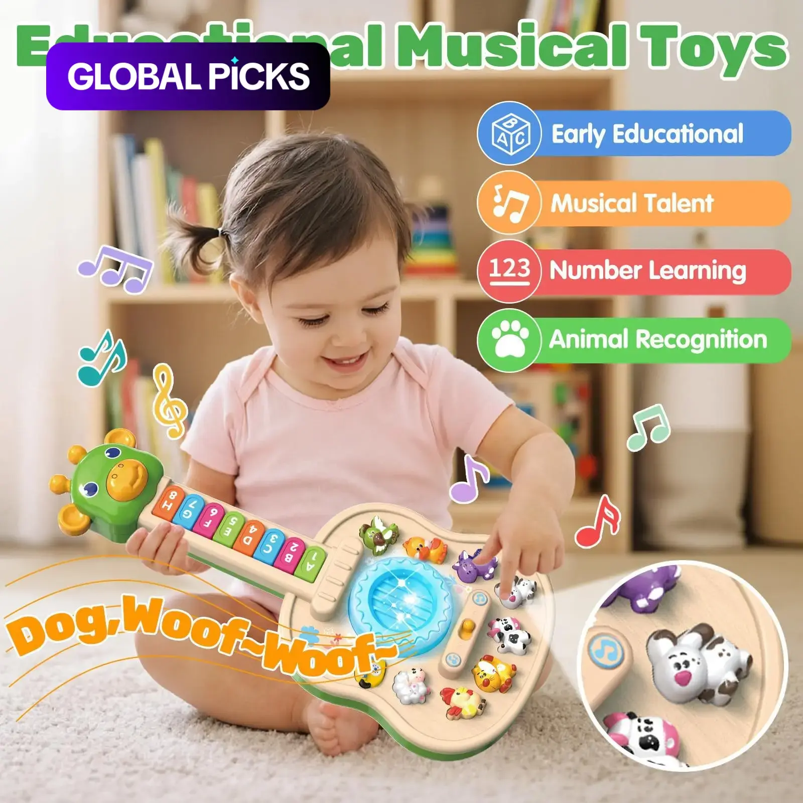 Giraffe Music Guitar Toy, Abc Learning, Light Sound, Interactive Musical Instrument for Kids 3+, Animal Sounds Melody, Holiday Gift