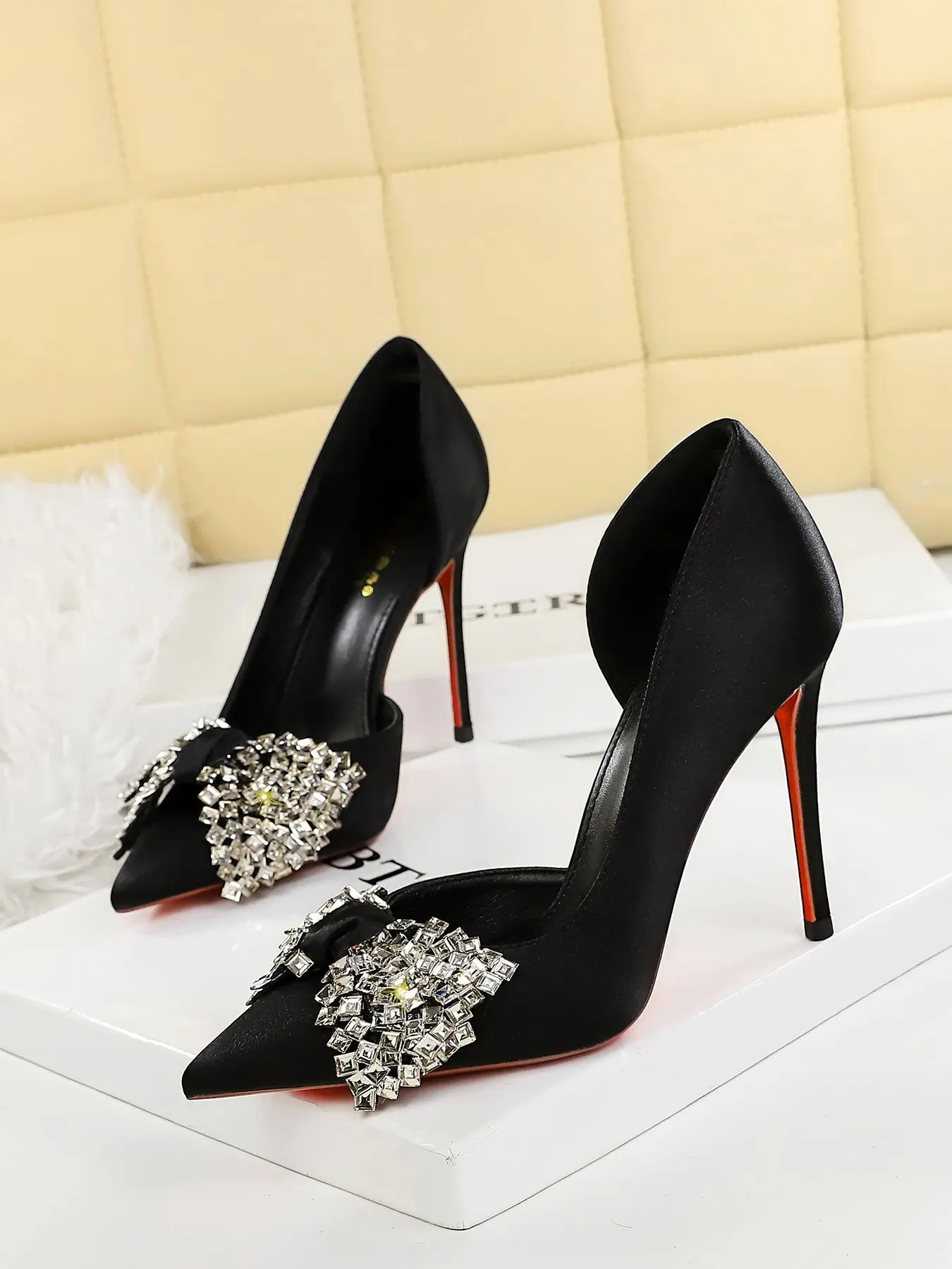 Sexy High Heel Women's Shoes, Side Cutout Design, Rhinestone Bow, Pointed Toe, Low Block Heel, Casual Style
