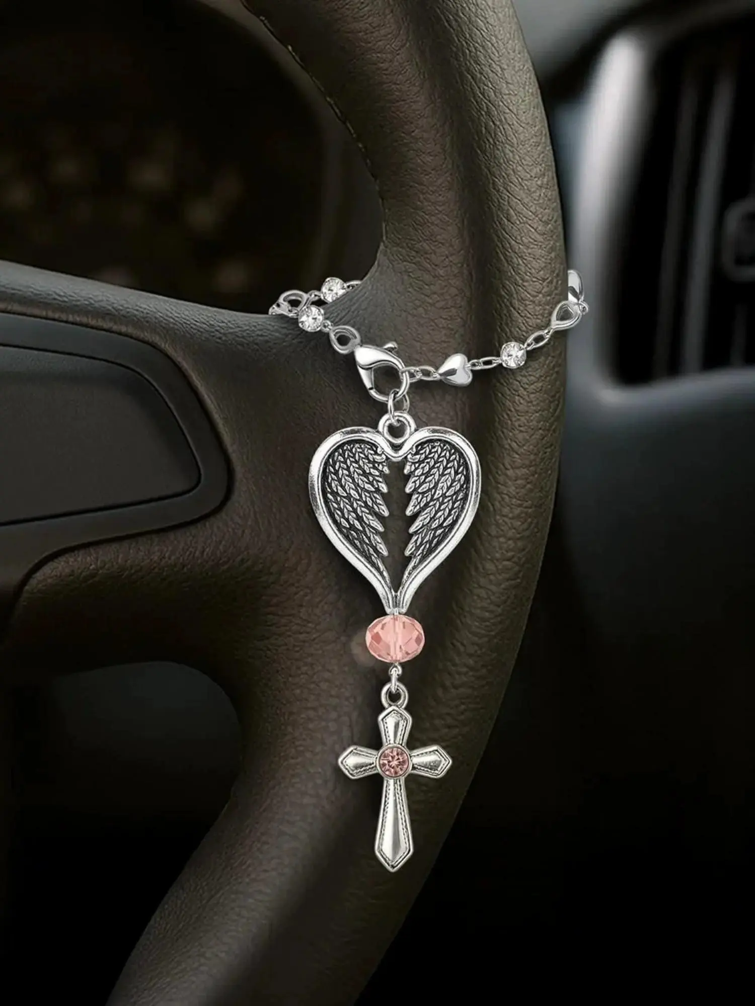 Retro Steering Wheel Guardian Angel Heart-Shaped Wings Jewelry, Cross Bracelet for Women, Car Pendant, Keychain, Backpack Pendant