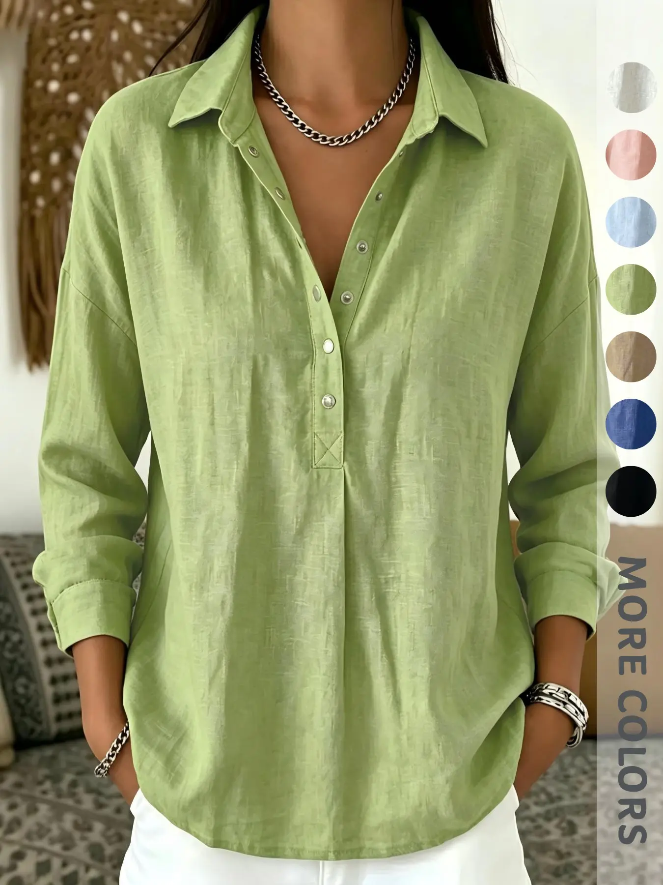 New Early Autumn Women's Simple Solid Color Shirt Blouse, Loose Fit Notch Lapel Button Front Long Sleeve Elegant Commuter Top, High-End Fashion