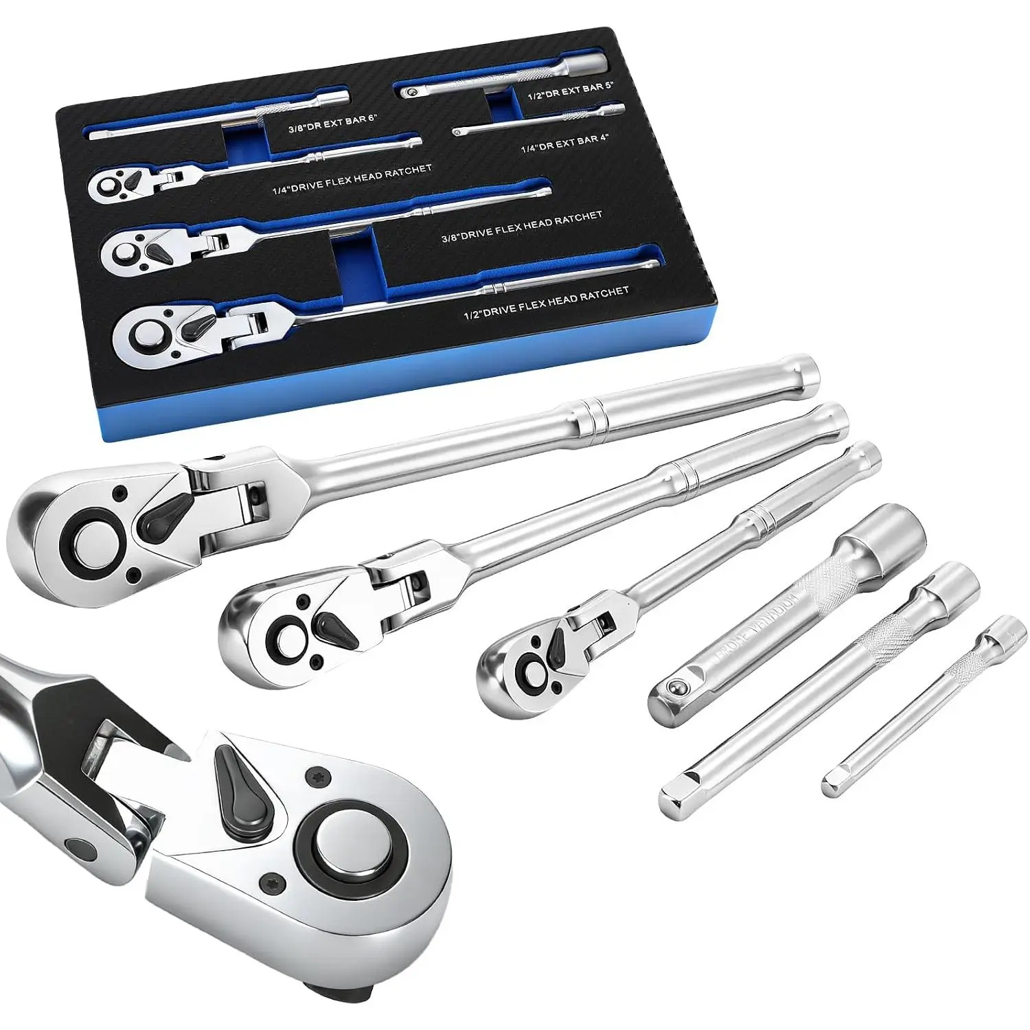 6- Flex  Ratchet Set, 1/4", 3/8", 1/2" Drive | Swivel  Flexible Ratchet with Extension Bar, 72 , Quick-Release & Reversible , EVA  for Auto & DIY Repair