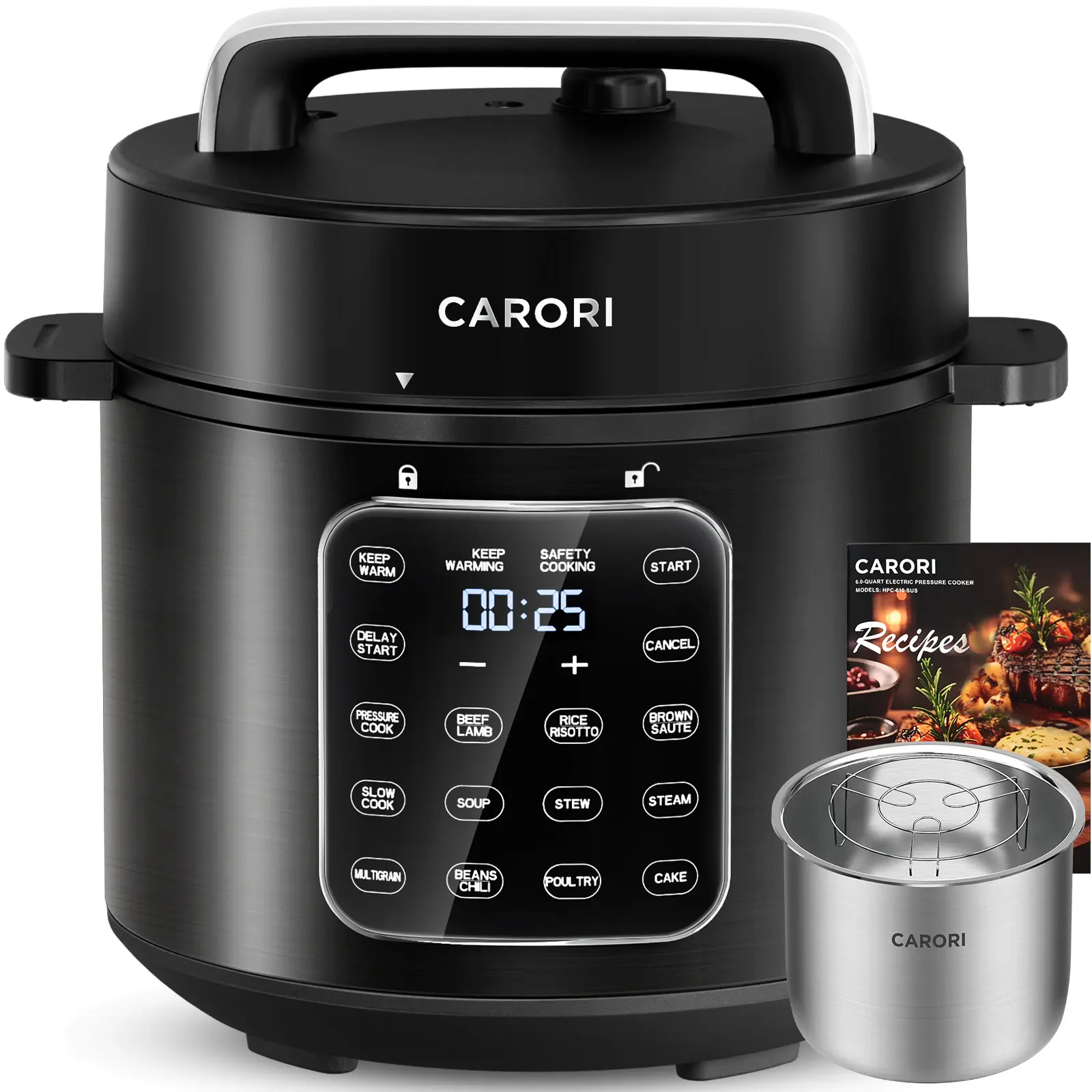 CARORI 9-in-1 6 Qt Electric Pressure Cooker - Stainless Steel Inner Pot, Programmable 12-Function Device with Safe Vent Design, Slow Cook, Sous Vide, Sauté, Warmer, Sterilizer, Black for Multifunction Rice Cooker Meals