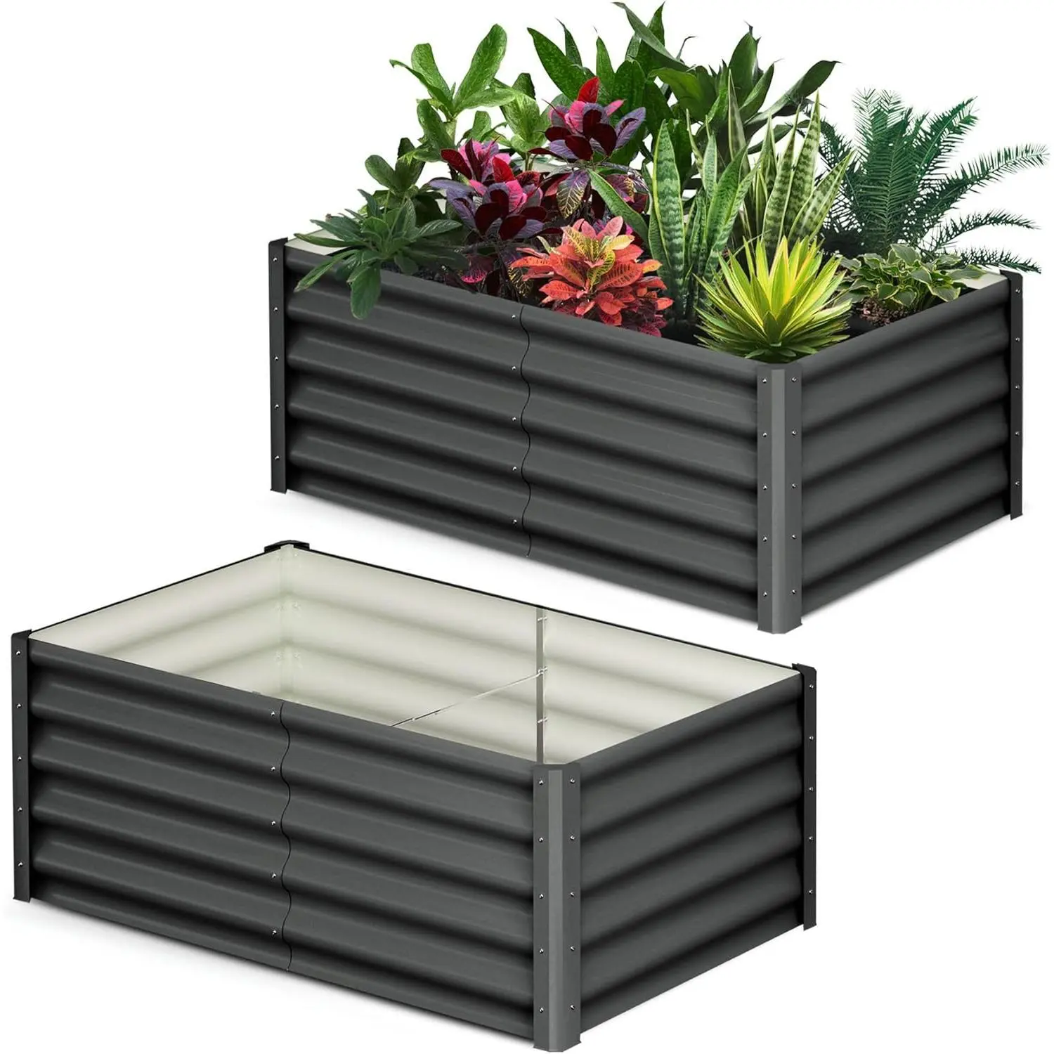 Raised Garden Bed Set of 2, 6x3x1.5 ft Galvanized Raised Garden Bed, Outdoor Large Planter Raised Beds Open Base with Safety Edge and Glove for Vegetables Flowers Ground Planter, Dark Gray