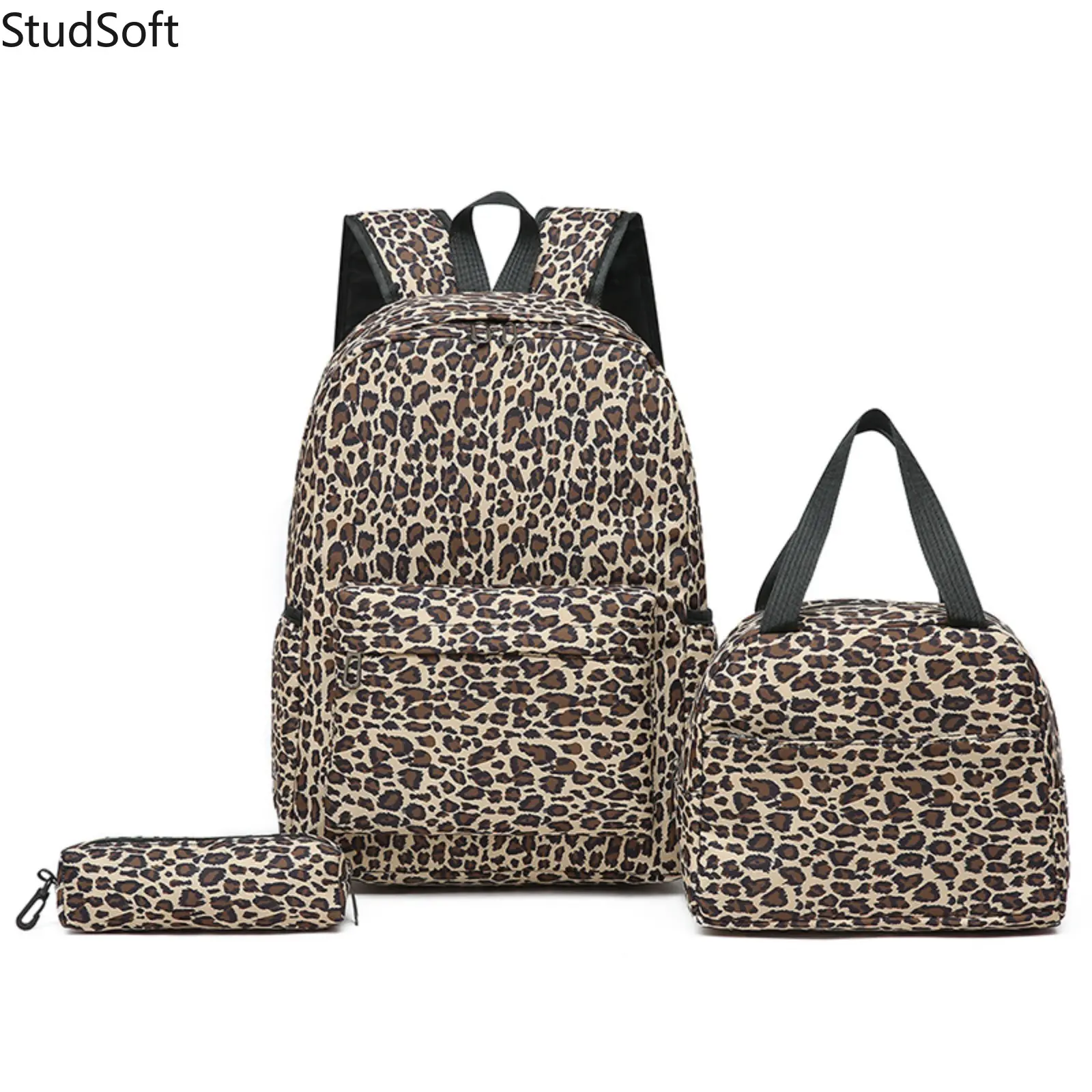 Vintage Cheetah Print School Backpack Set for Teen Girls & Women, 3-Piece High-Capacity Bag with Lunch Box and Pencil Case