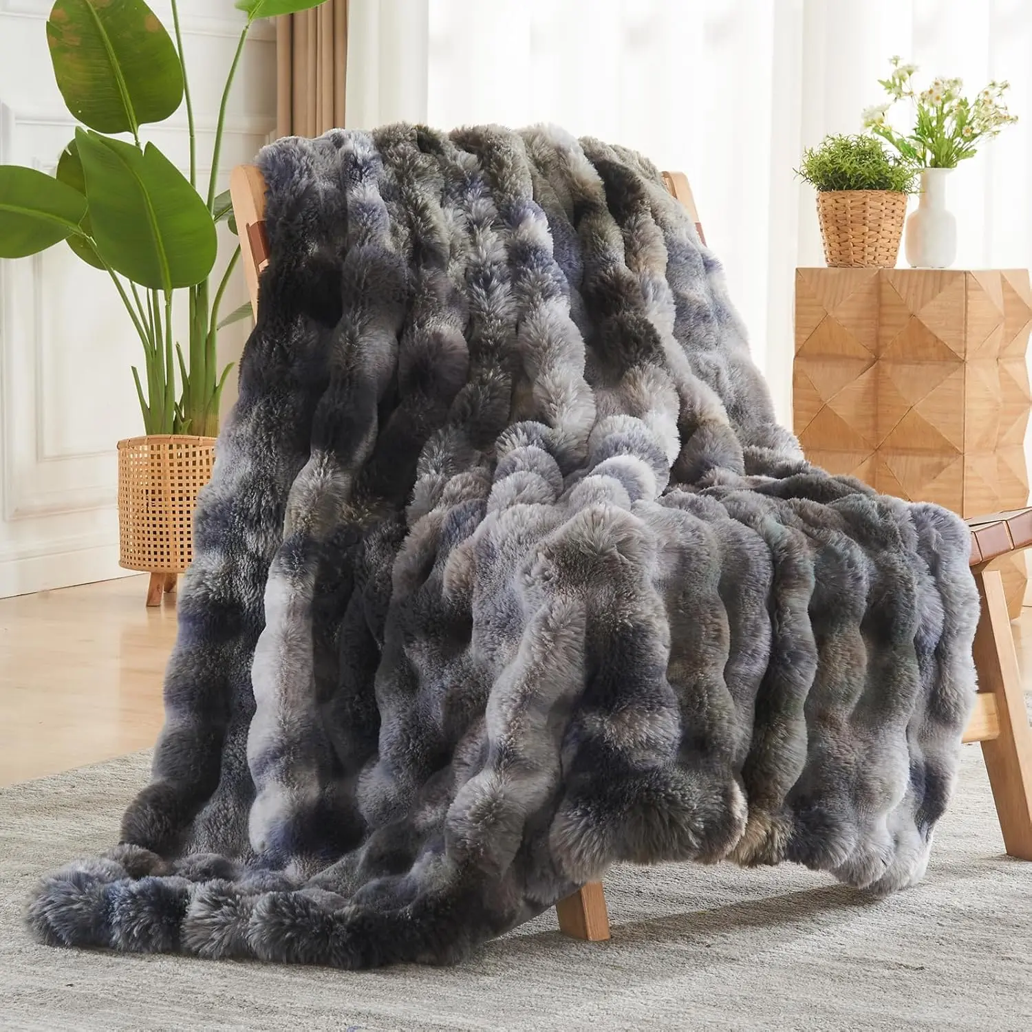 Faux Fur Throw Blanket Tie-dye Grey Luxury Thick Warm Bubble Blanket for Couch Sofa Bed 700GSM (Tie-dye Grey, Throw(50"x60")), 700Gsm Thick