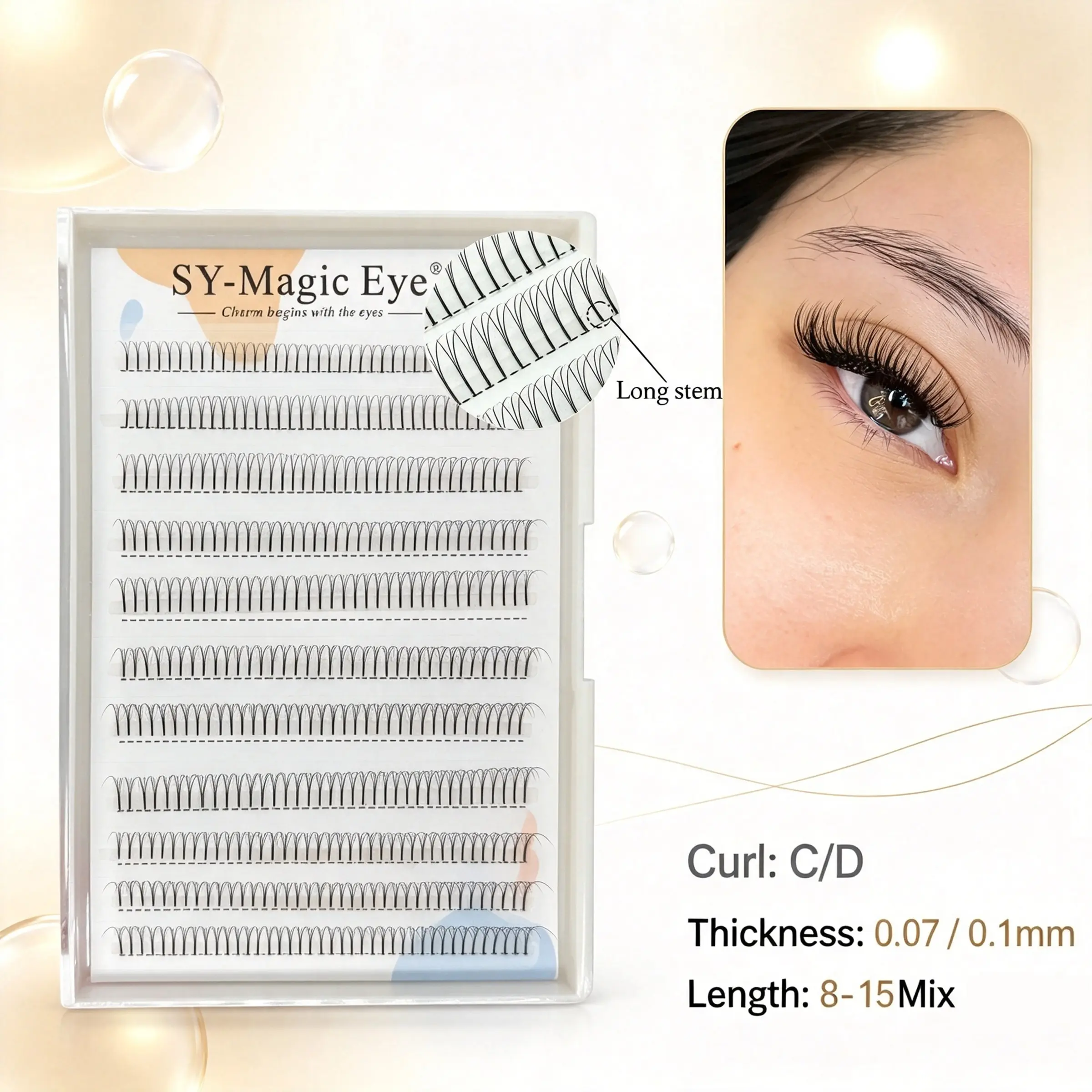 480 Pcs Premade Fans Eyelash Extensions, Long Stem, C/d Curl, 3D, 8-15mm Mixed, 0.07mm/0.1mm Thick, Natural & Soft, Hand-Grafted Cluster Lashes